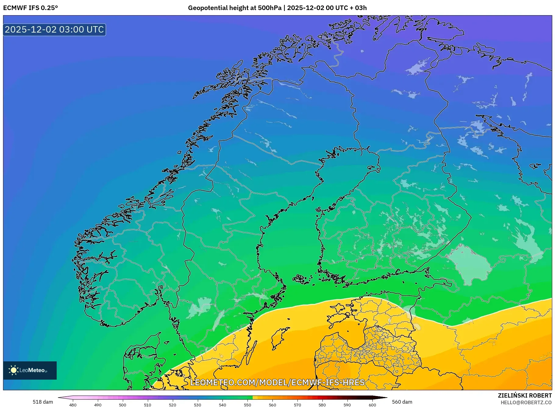 ECMWF IFS 0.25° model - Scandinavia, Geopotential height at 500hPa