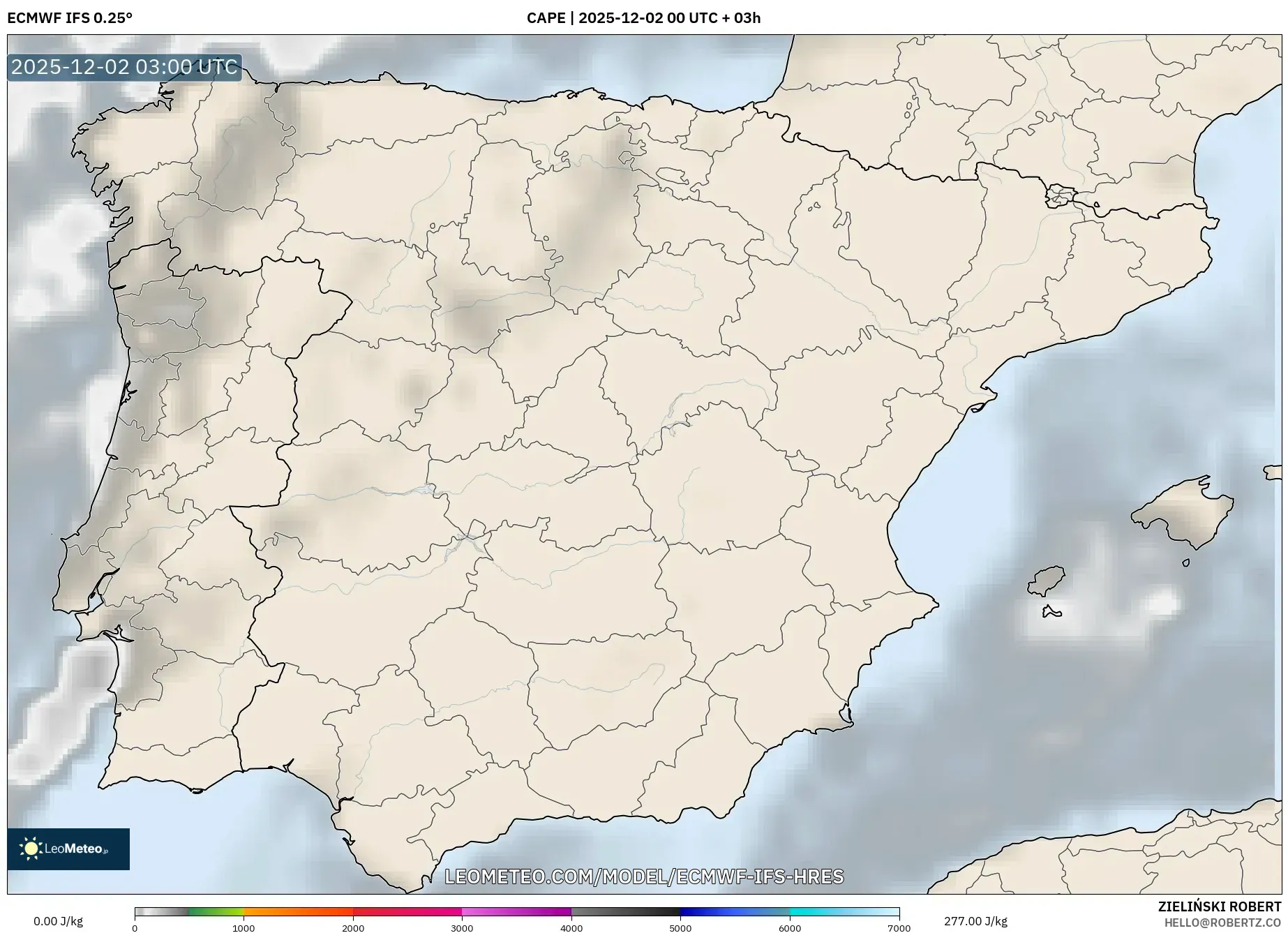 ECMWF IFS 0.25° model - Spain, CAPE