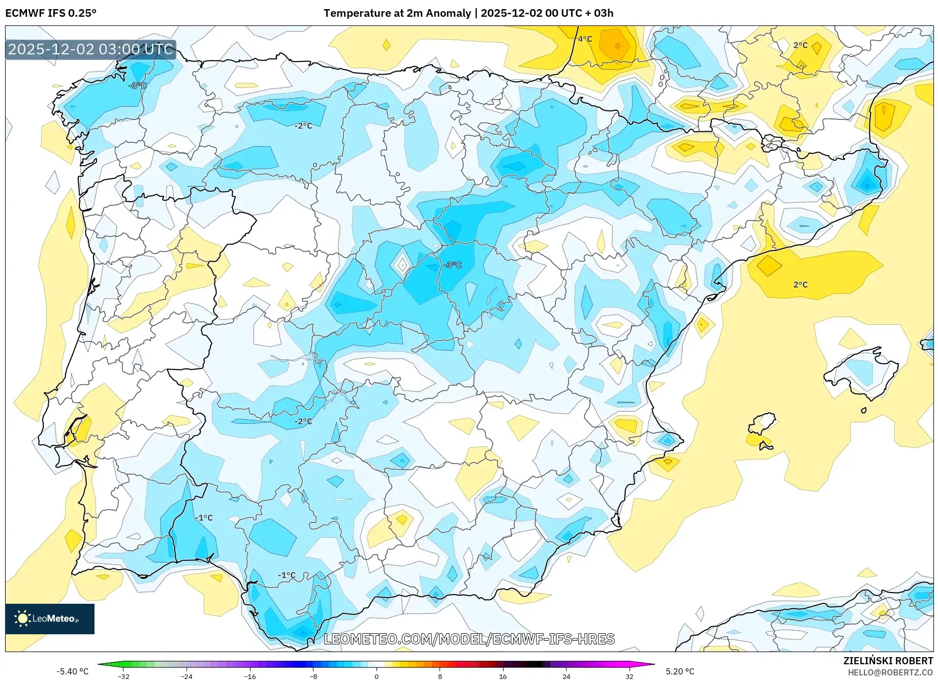 ECMWF IFS 0.25° model - Spain, Temperature at 2m Anomaly