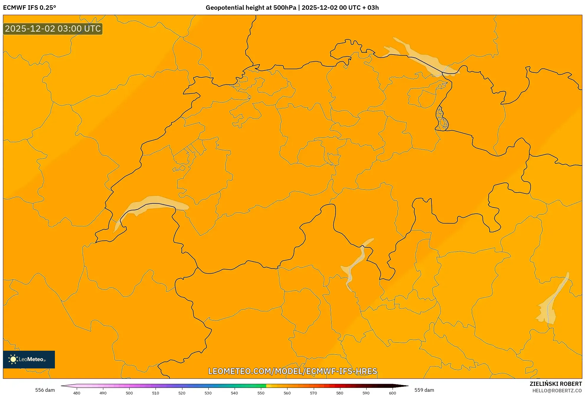 ECMWF IFS 0.25° model - Switzerland, Geopotential height at 500hPa