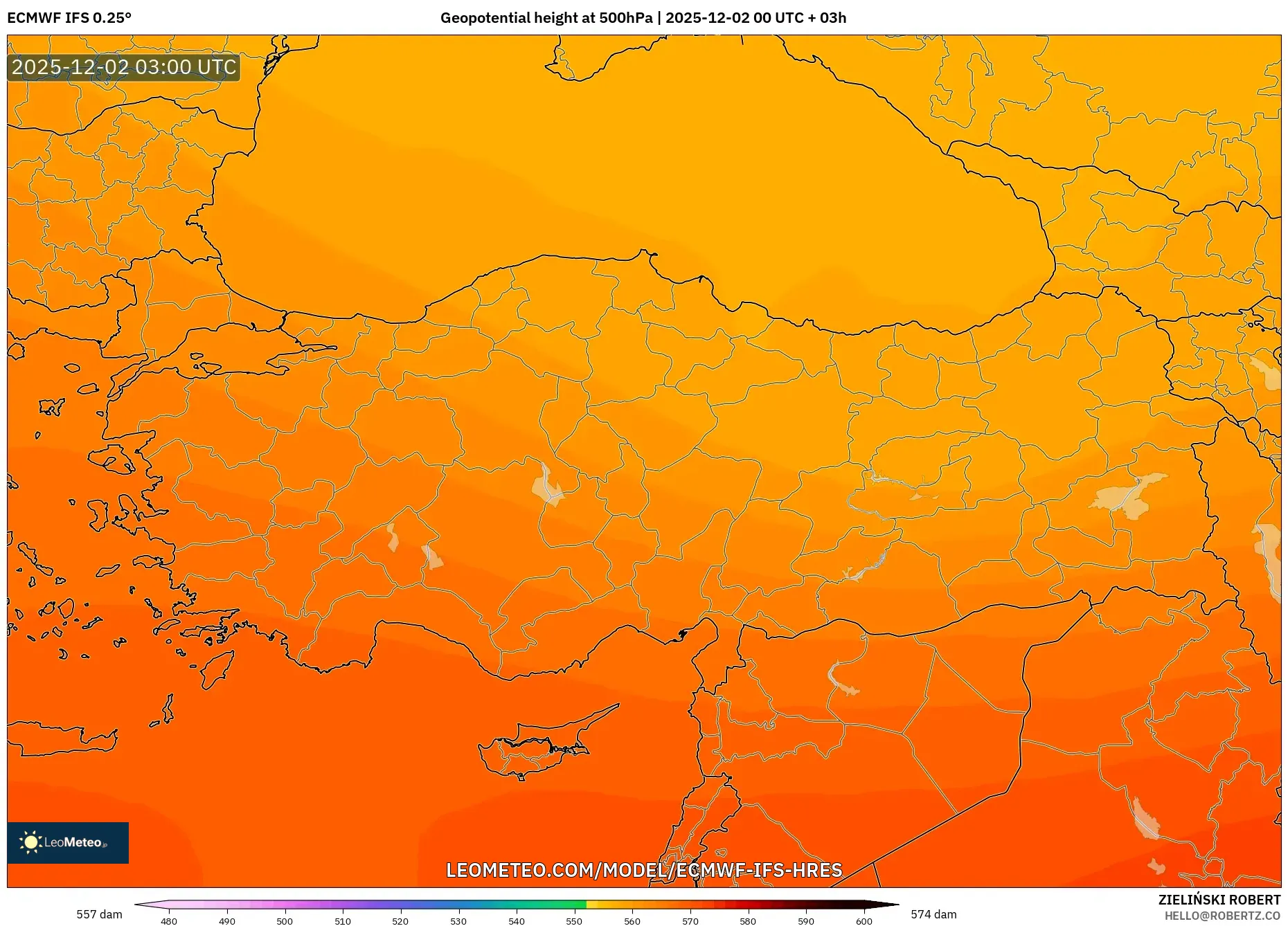 ECMWF IFS 0.25° model - Turkey, Geopotential height at 500hPa