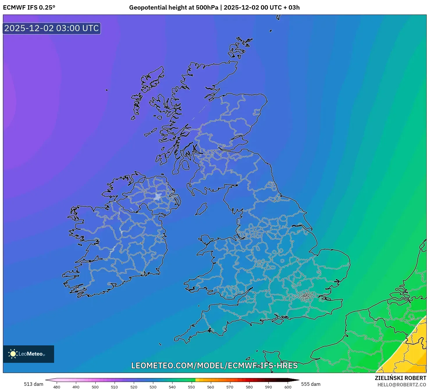 ECMWF IFS 0.25° model - United Kingdom, Geopotential height at 500hPa