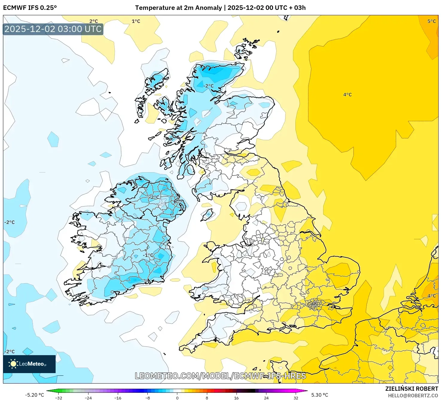 ECMWF IFS 0.25° model - United Kingdom, Temperature at 2m Anomaly