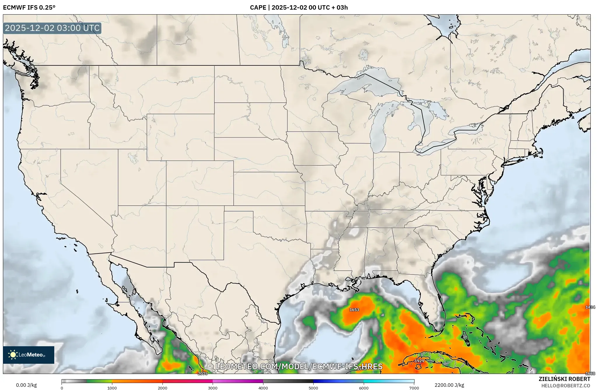 ECMWF IFS 0.25° model - United States, CAPE