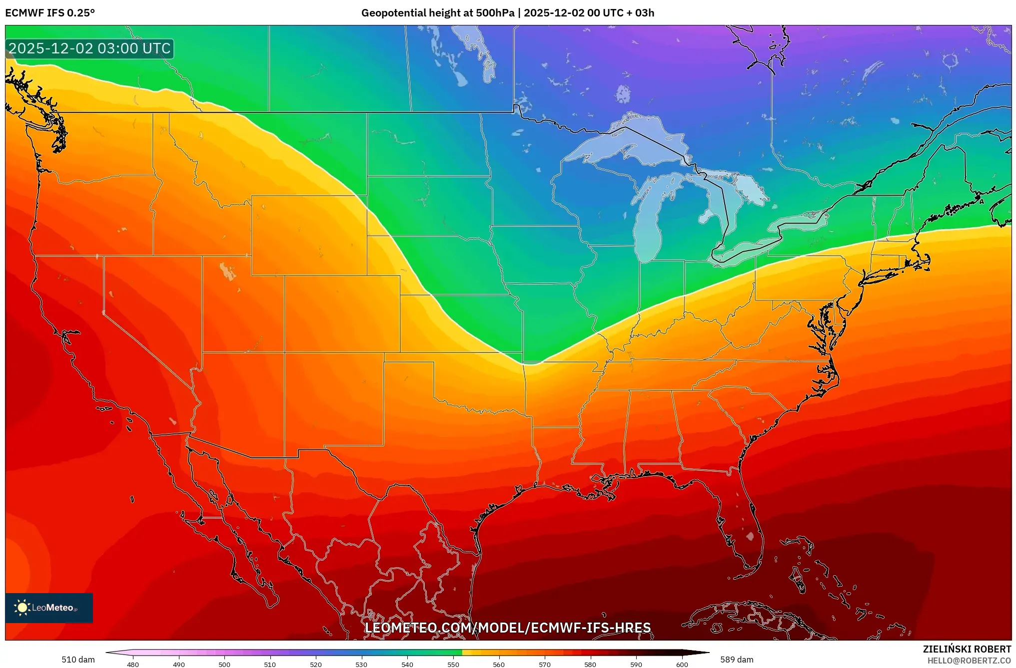 ECMWF IFS 0.25° model - United States, Geopotential height at 500hPa