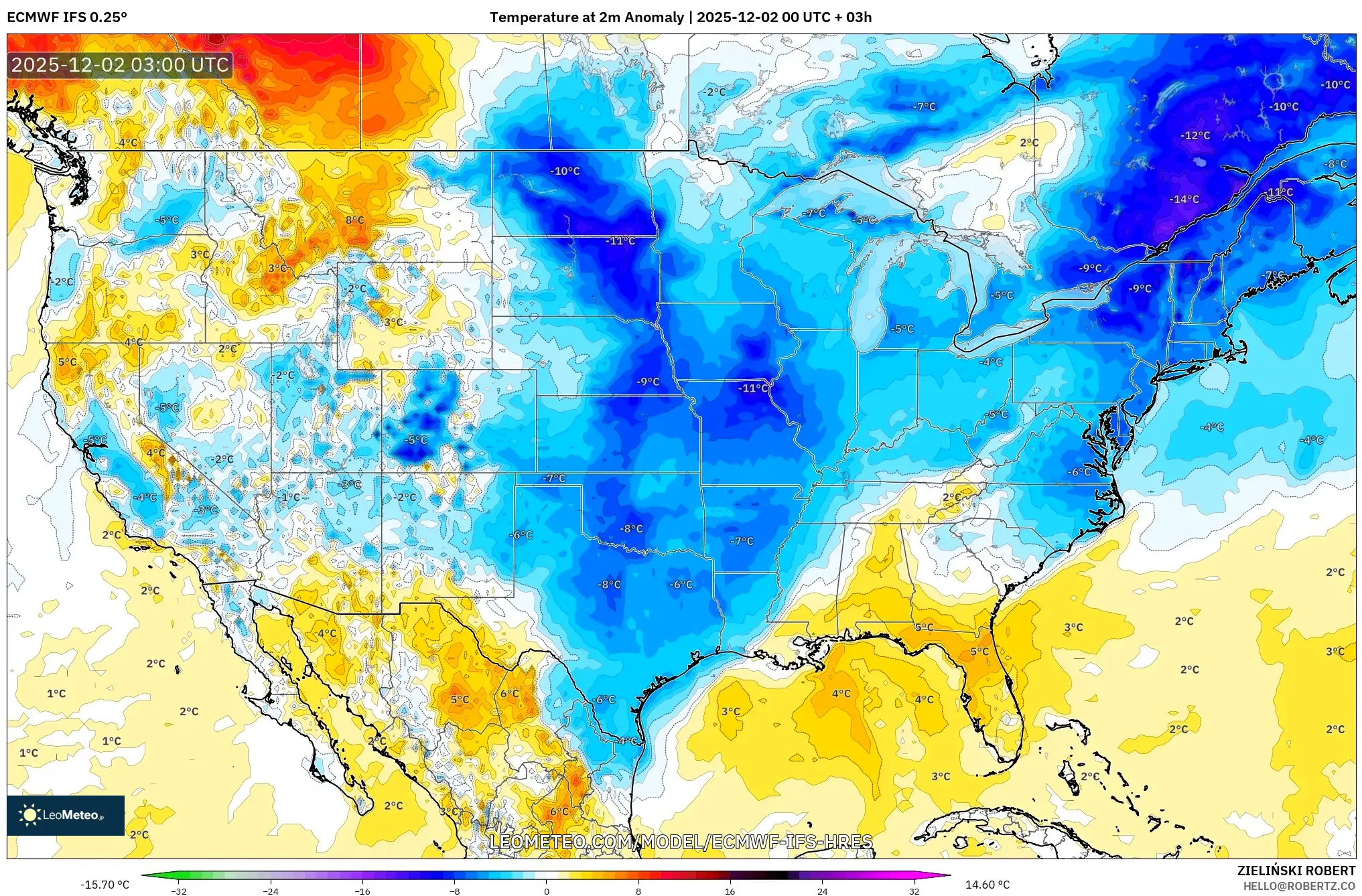 ECMWF IFS 0.25° model - United States, Temperature at 2m Anomaly