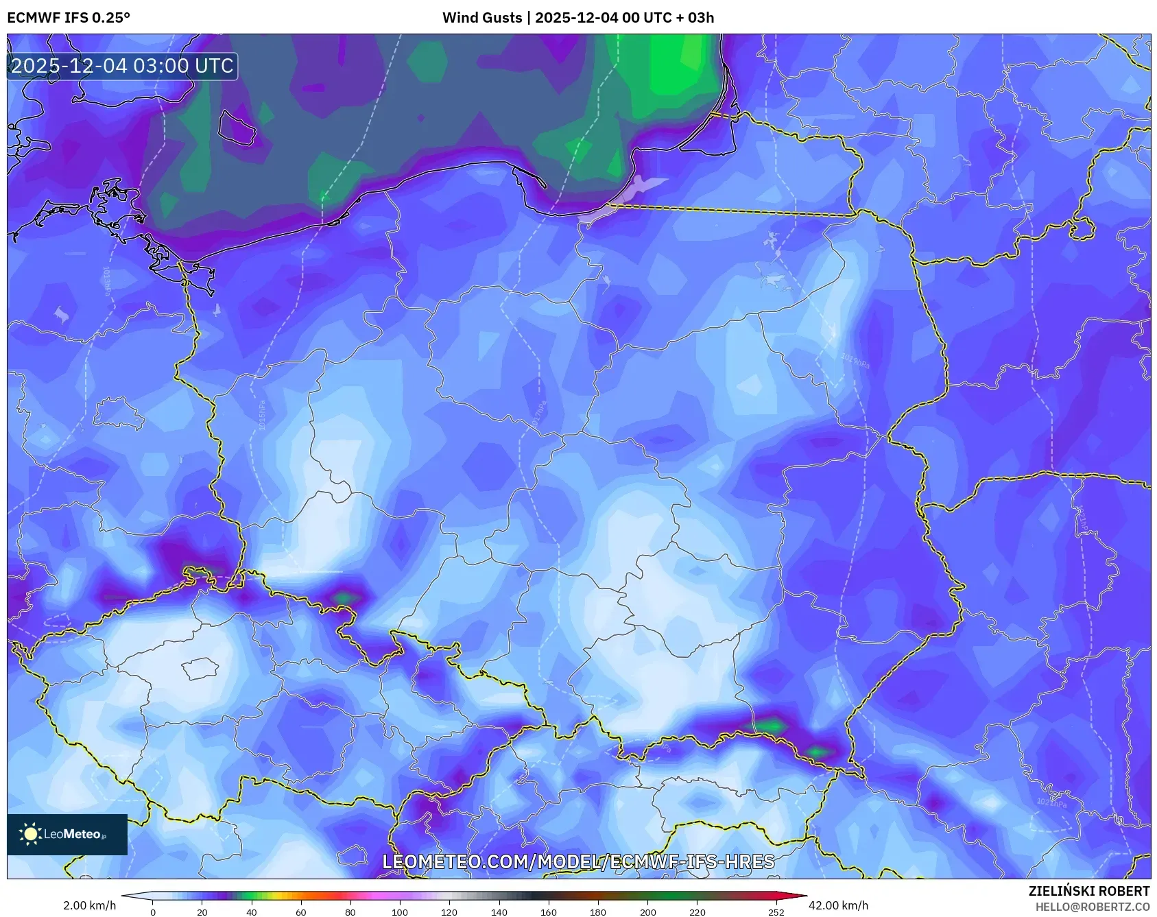 ECMWF IFS 0.25° model - Poland, Wind Gusts
