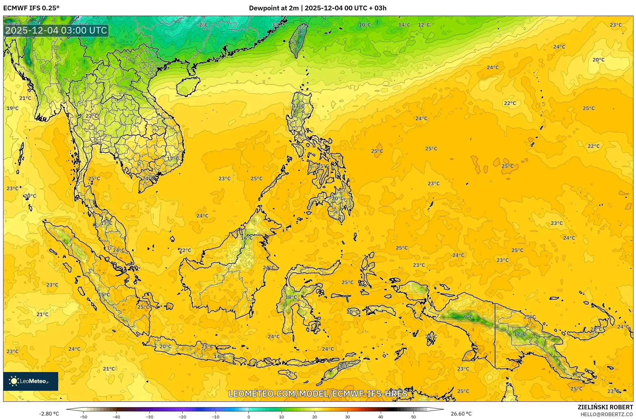 ECMWF IFS 0.25° model - South East Asia, Dewpoint at 2m