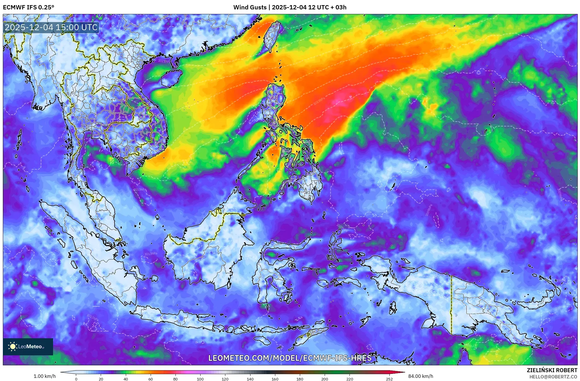 ECMWF IFS 0.25° model - South East Asia, Wind Gusts