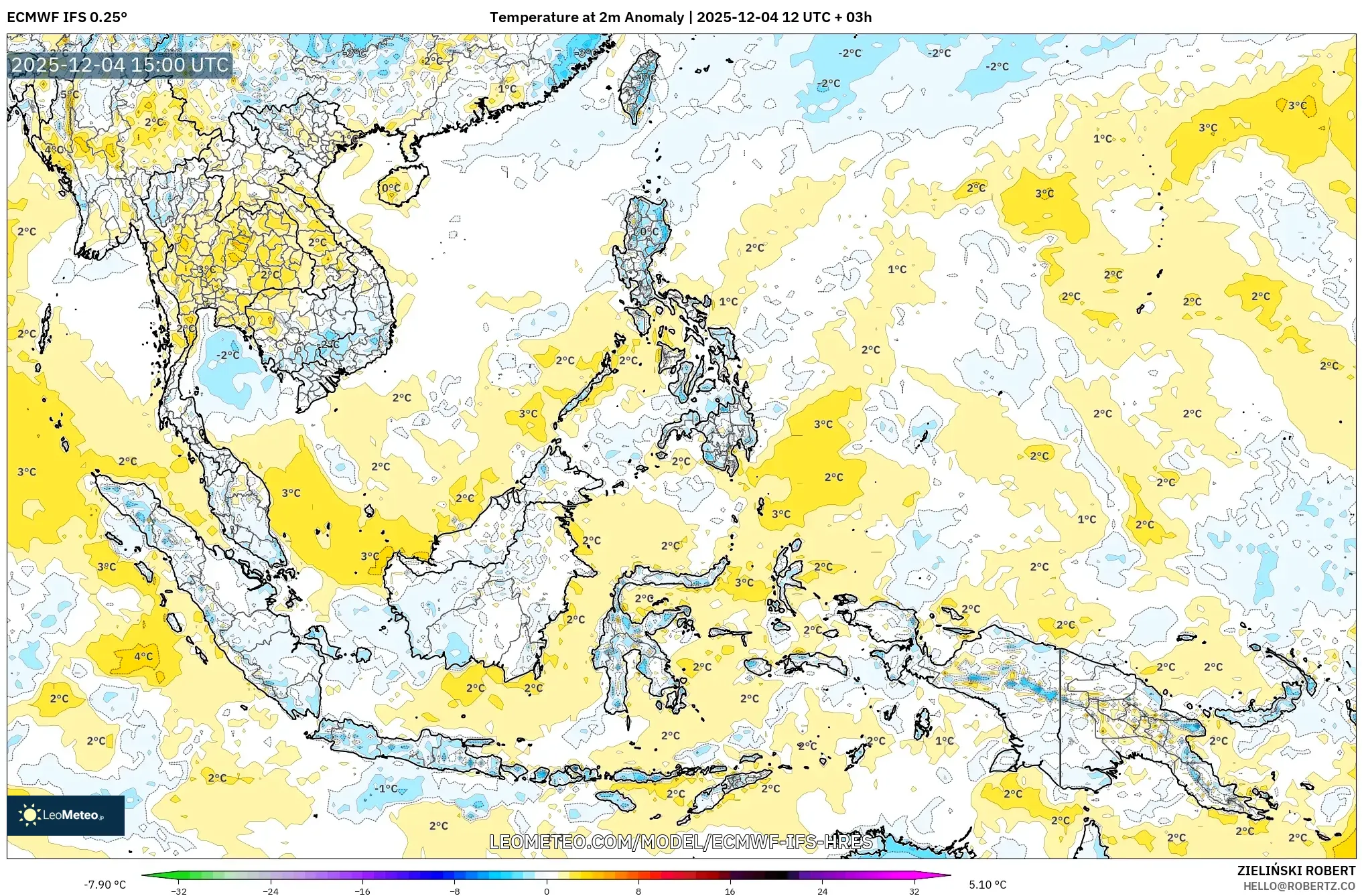 ECMWF IFS 0.25° model - South East Asia, Temperature at 2m Anomaly