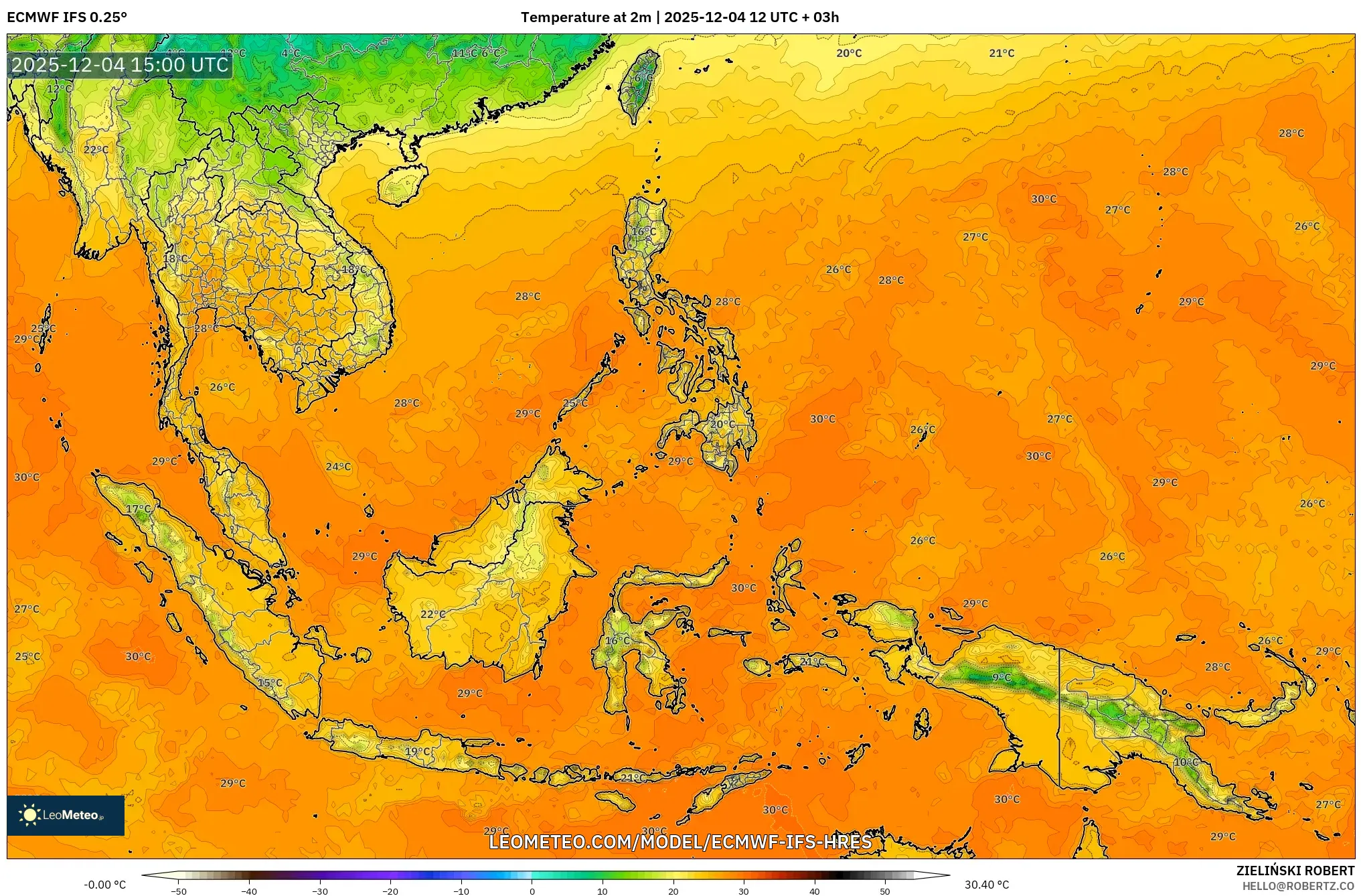 ECMWF IFS 0.25° model - South East Asia, Temperature at 2m