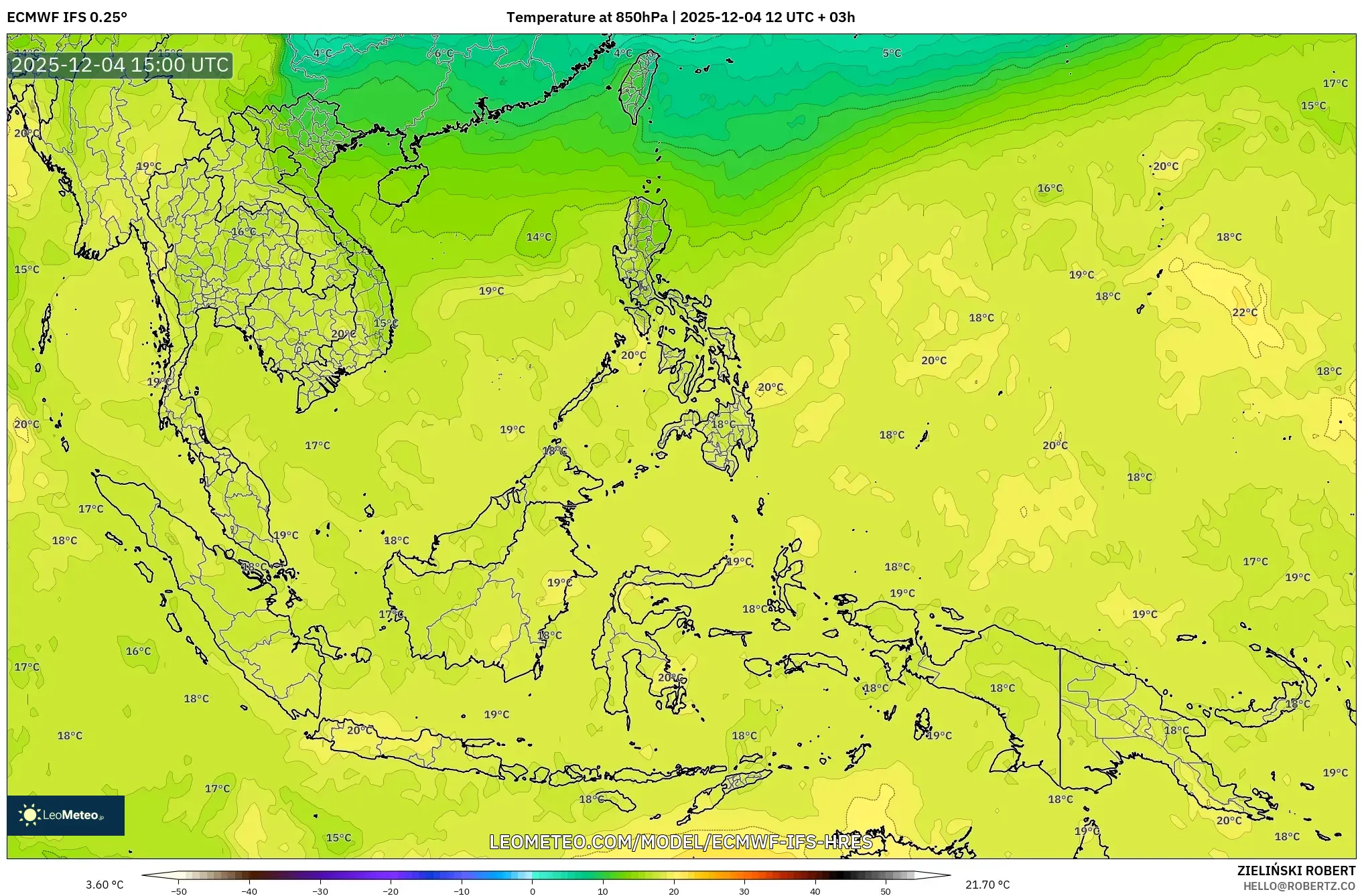 ECMWF IFS 0.25° model - South East Asia, Temperature at 850hPa