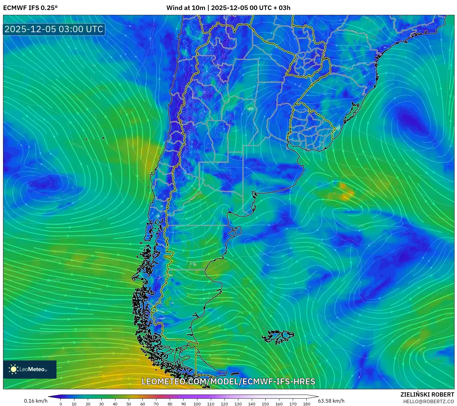 ECMWF IFS 0.25° model - Argentina, Wind at 10m