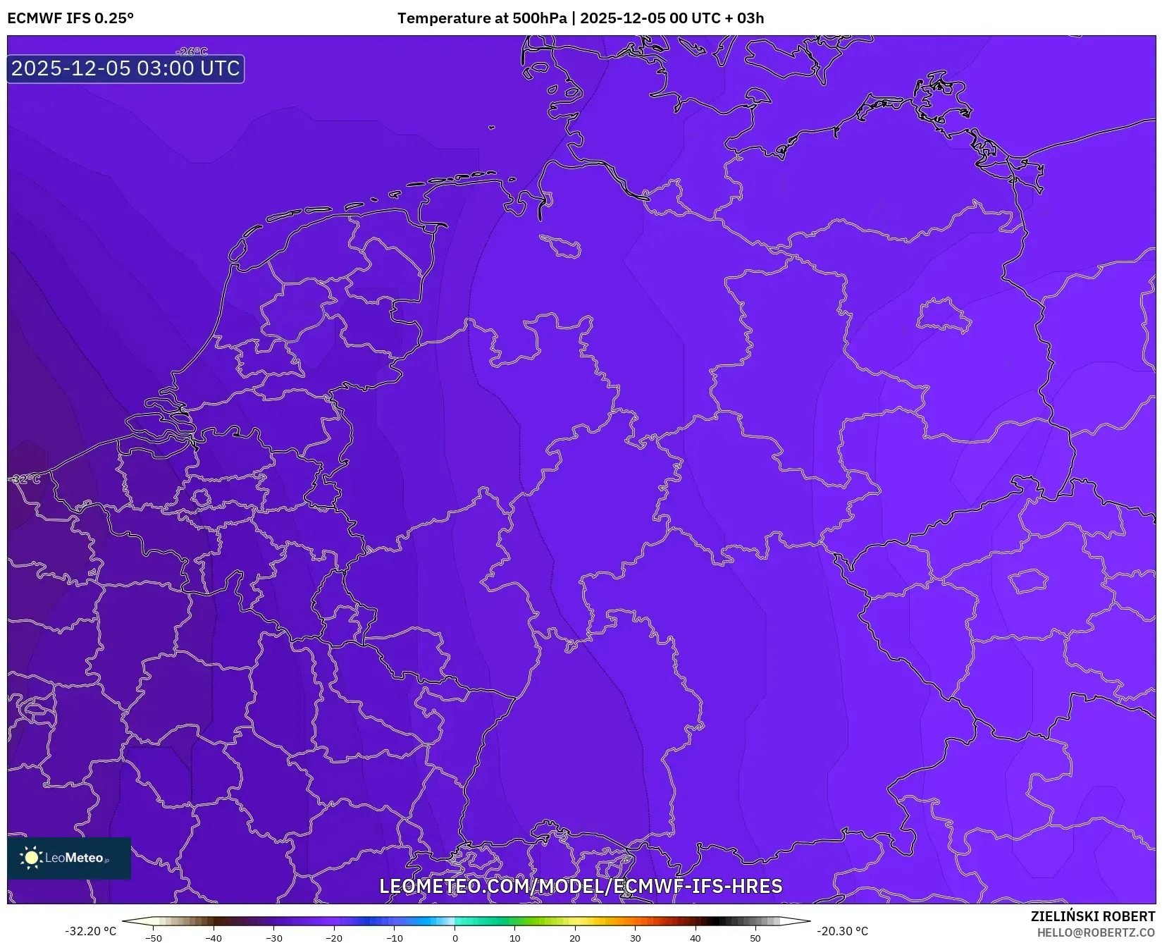 ECMWF IFS 0.25° model - Germany, Temperature at 500hPa