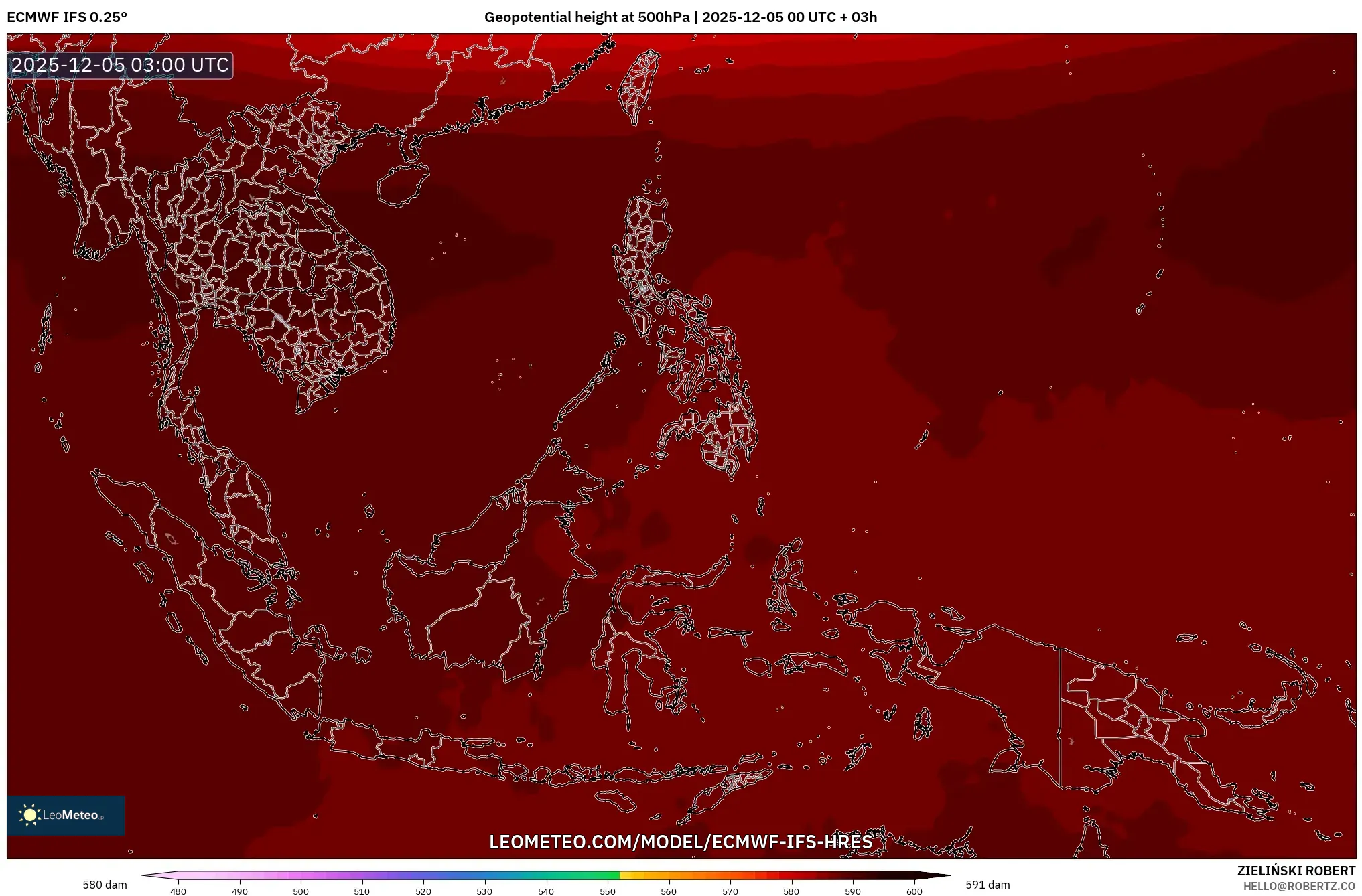 ECMWF IFS 0.25° model - South East Asia, Geopotential height at 500hPa