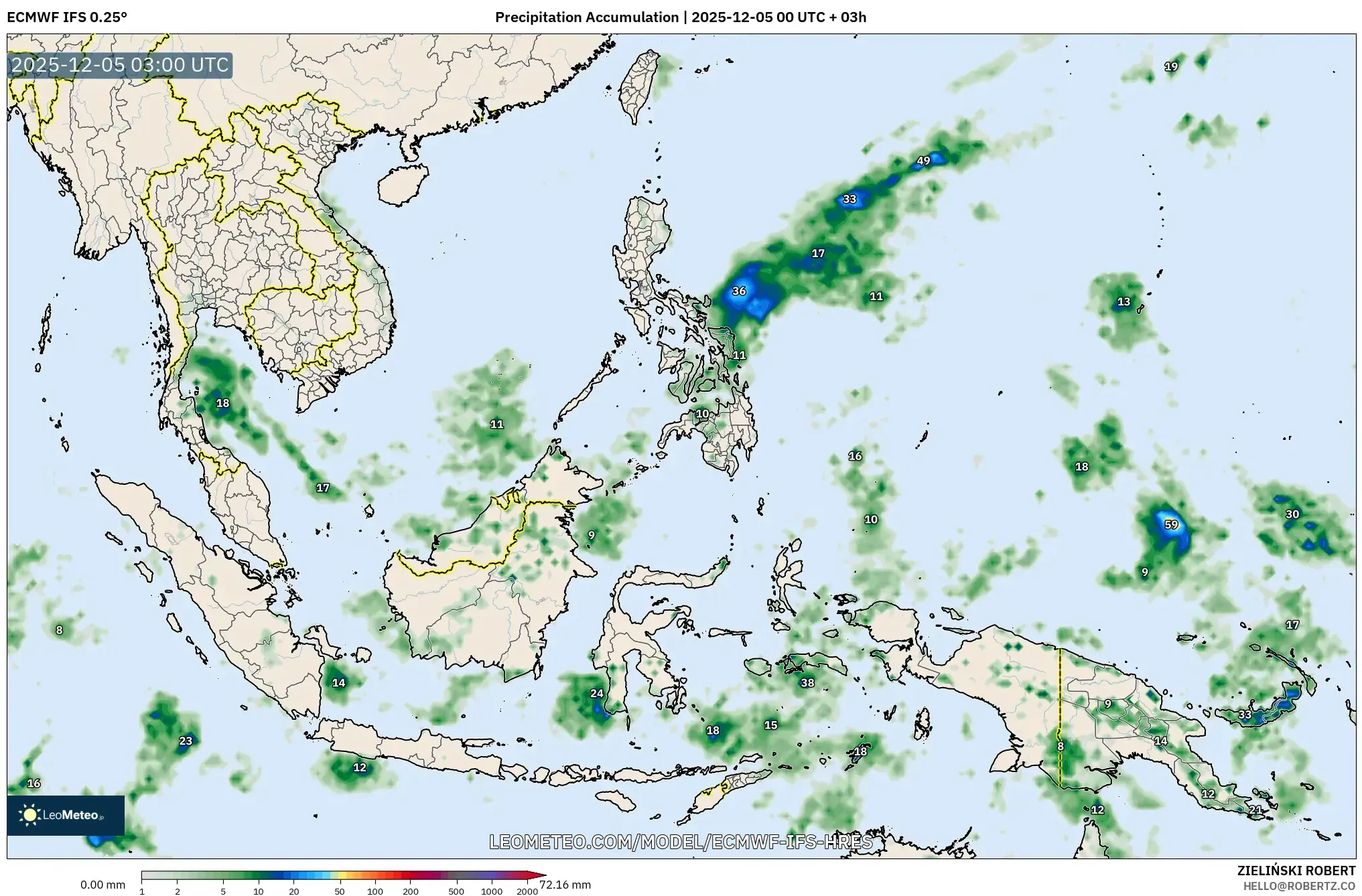 ECMWF IFS 0.25° model - South East Asia, Precipitation Accumulation