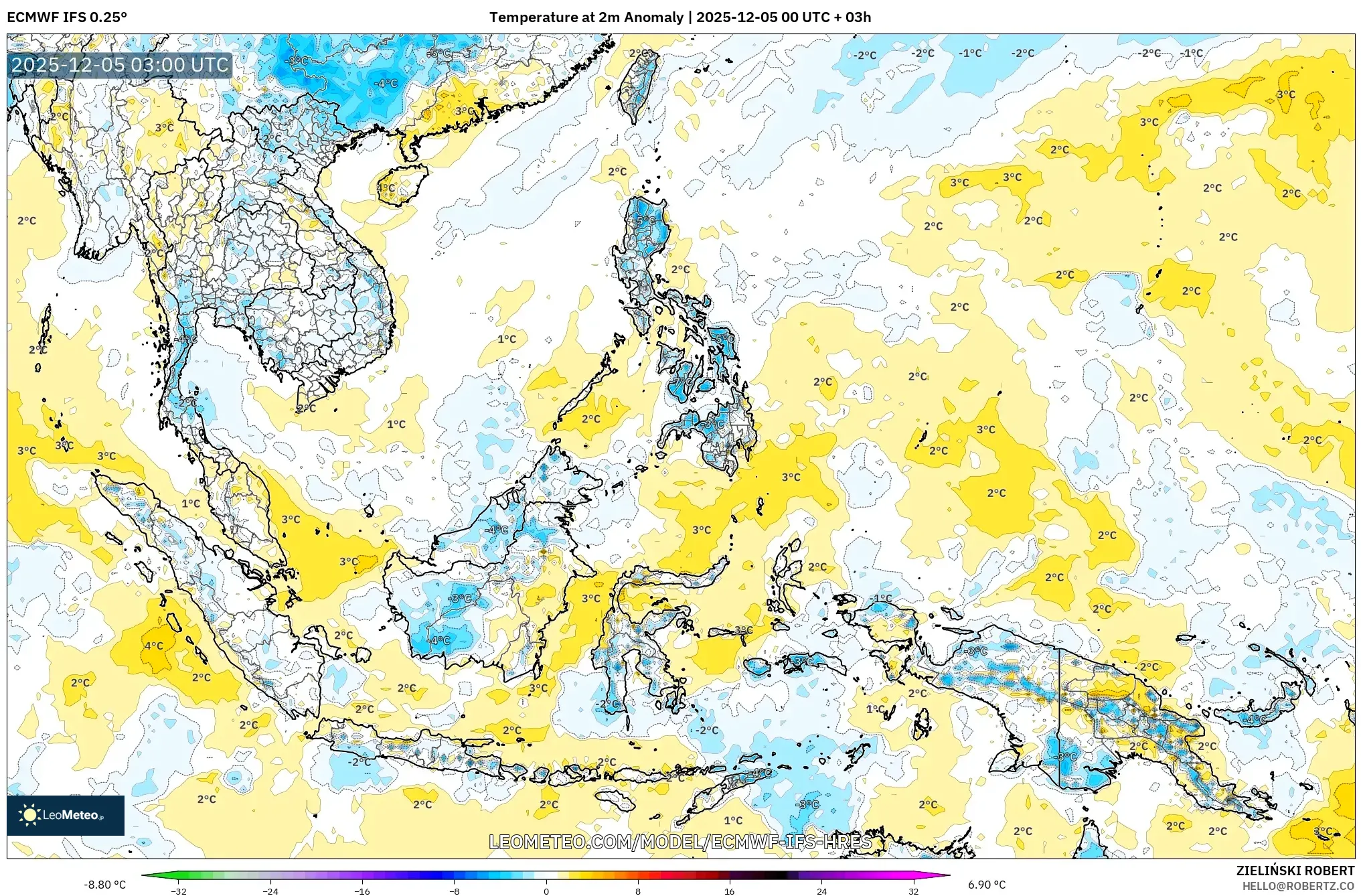 ECMWF IFS 0.25° model - South East Asia, Temperature at 2m Anomaly