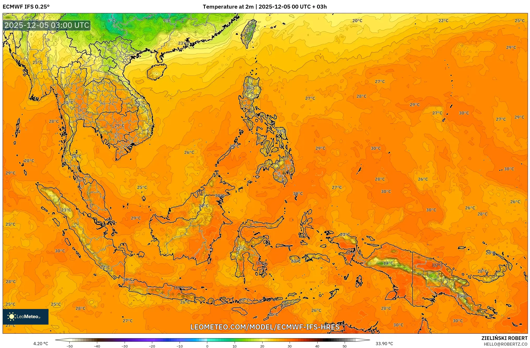 ECMWF IFS 0.25° model - South East Asia, Temperature at 2m