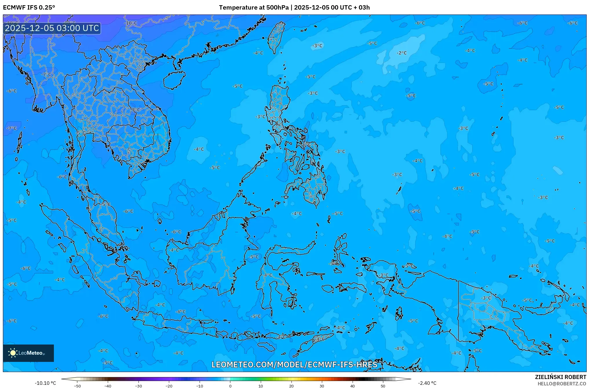 ECMWF IFS 0.25° model - South East Asia, Temperature at 500hPa