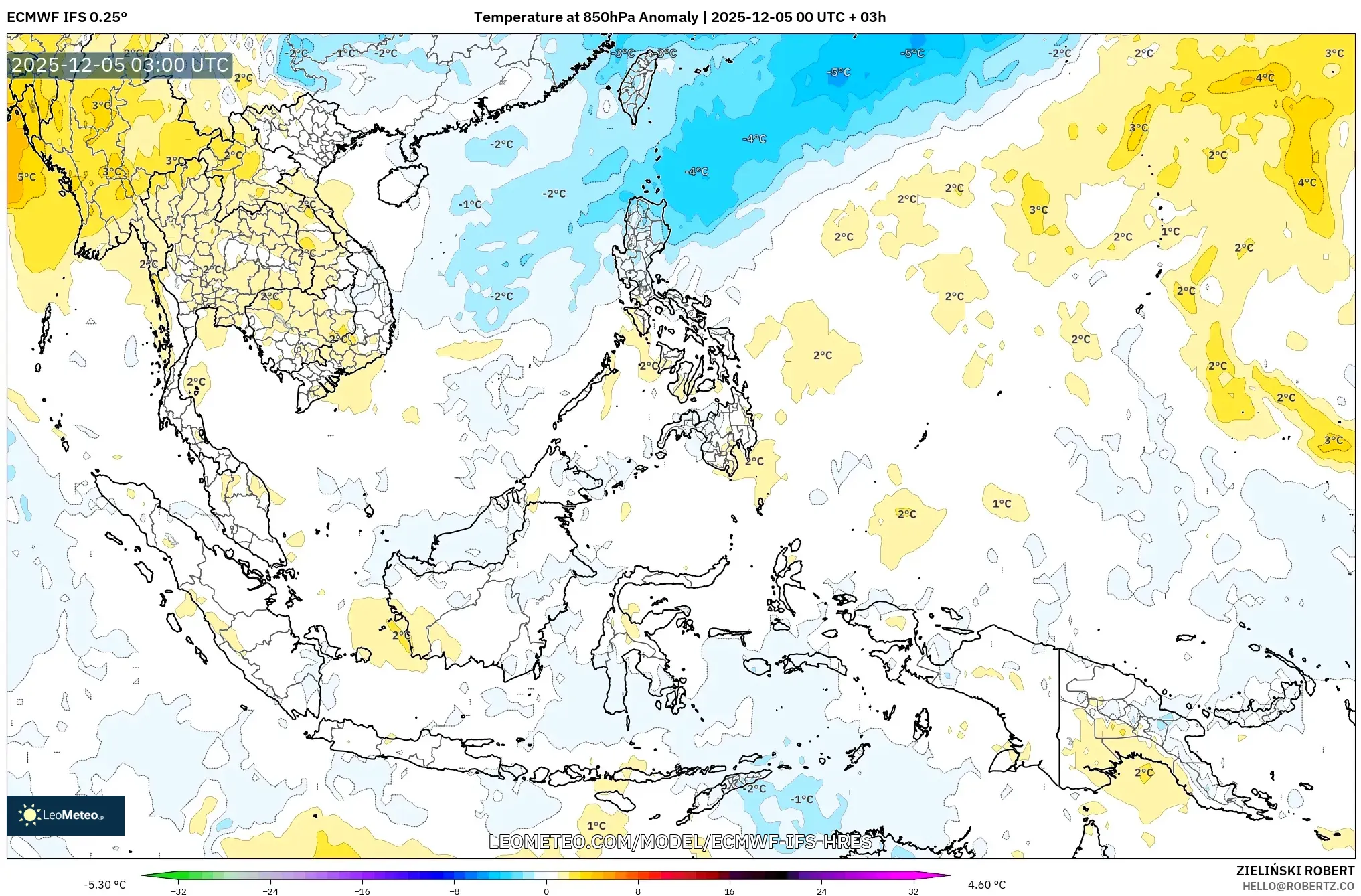 ECMWF IFS 0.25° model - South East Asia, Temperature at 850hPa Anomaly