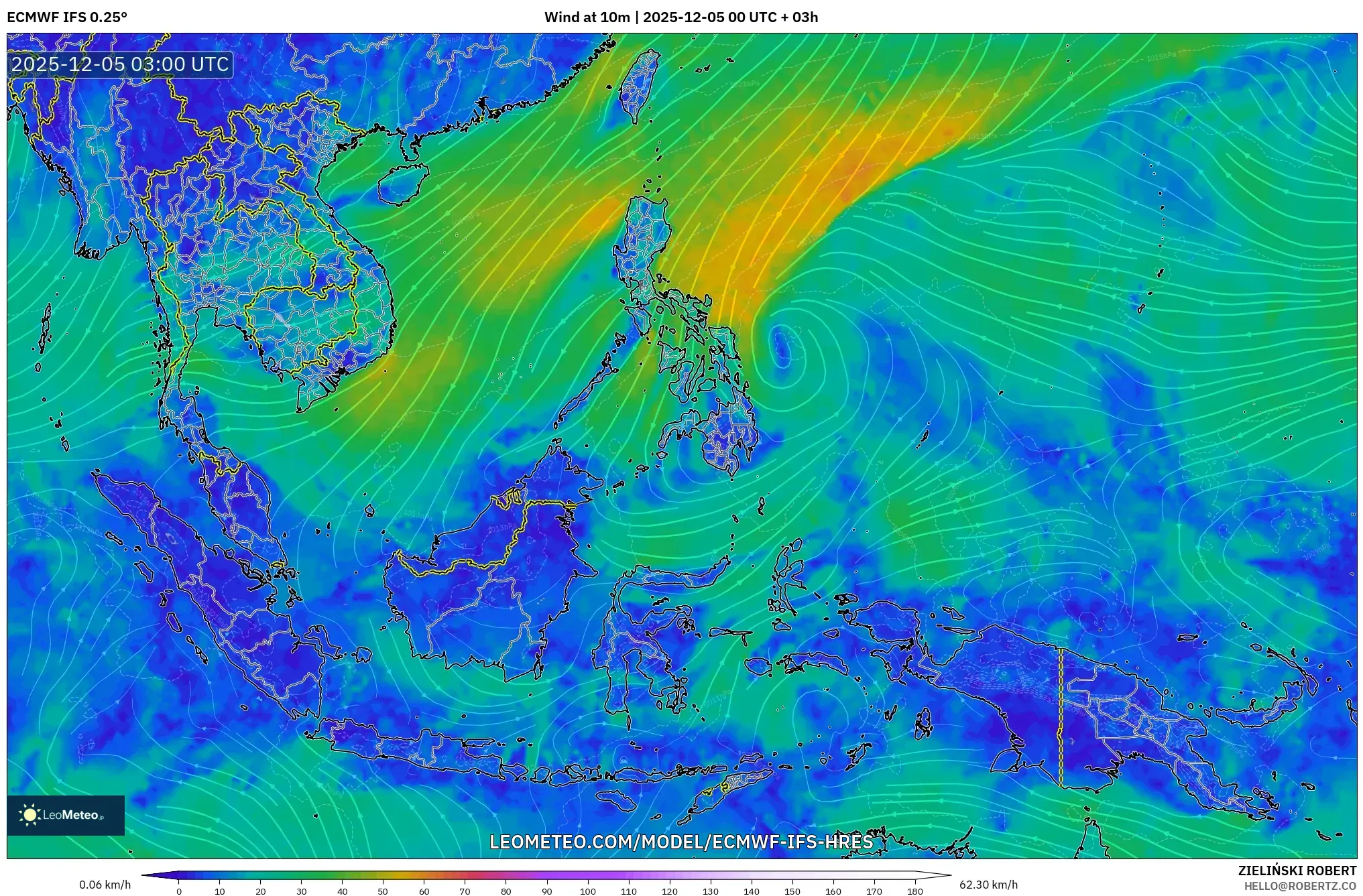 ECMWF IFS 0.25° model - South East Asia, Wind at 10m