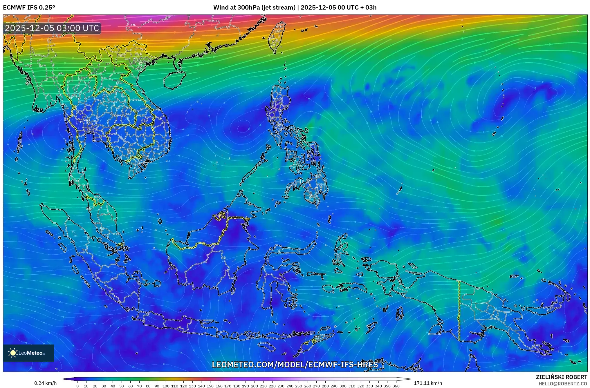 ECMWF IFS 0.25° model - South East Asia, Wind at 300hPa (jet stream)