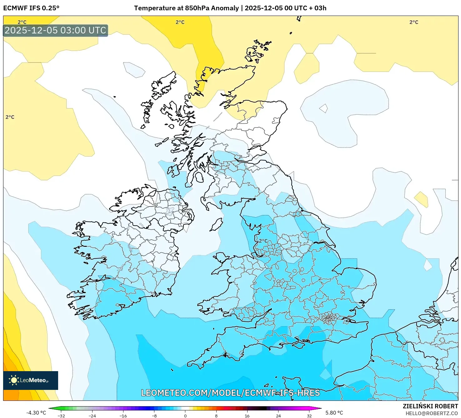 ECMWF IFS 0.25° model - United Kingdom, Temperature at 850hPa Anomaly