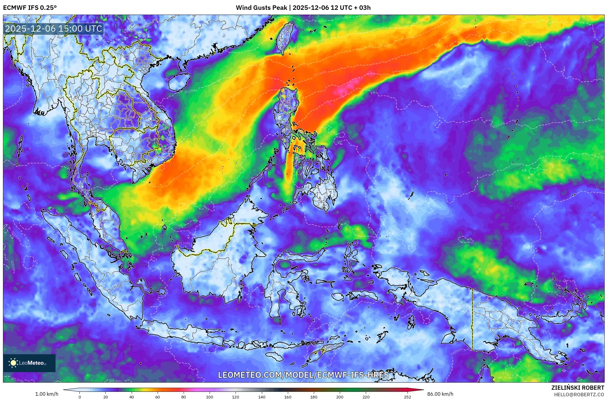 ECMWF IFS 0.25° model - South East Asia, Wind Gusts Peak