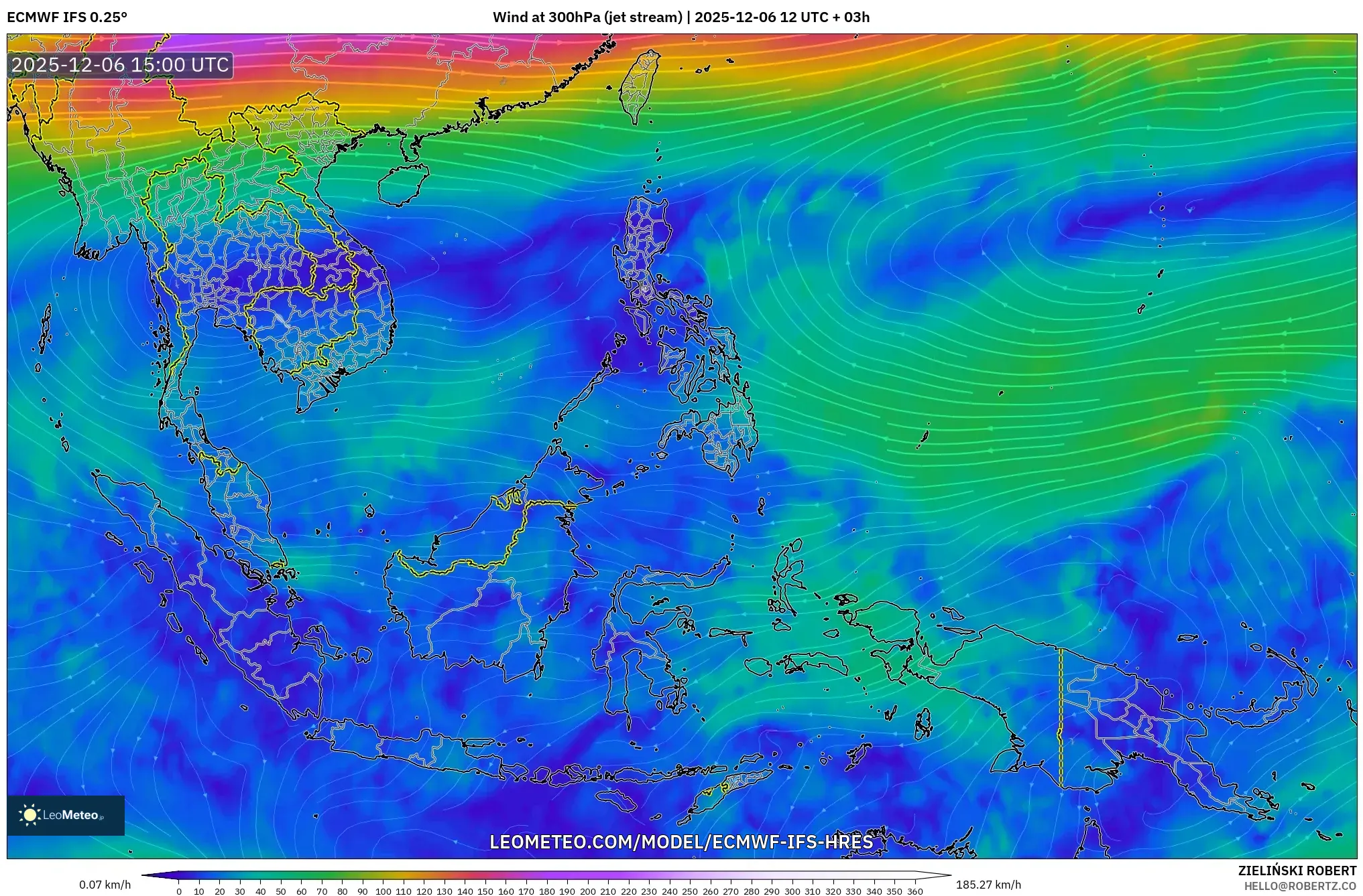 ECMWF IFS 0.25° model - South East Asia, Wind at 300hPa (jet stream)