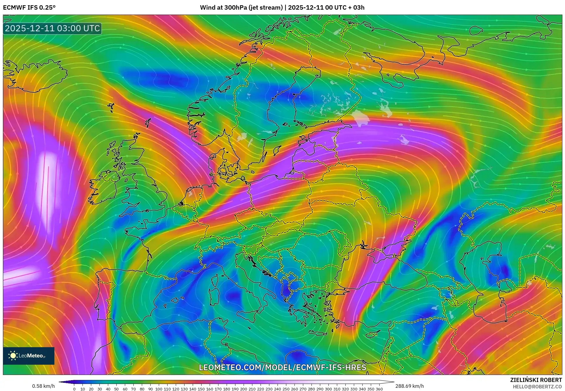 ECMWF IFS 0.25° model - Europe, Wind at 300hPa (jet stream)