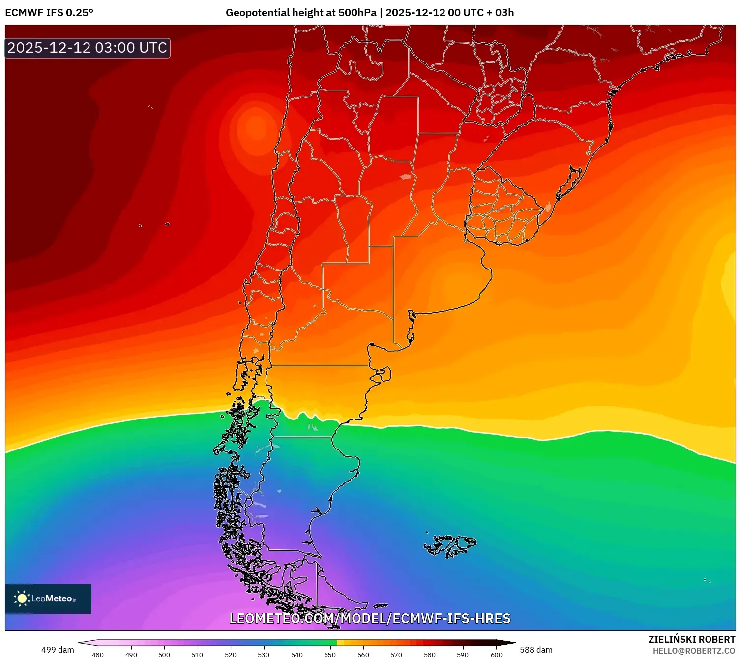 ECMWF IFS 0.25° model - Argentina, Ketinggian geopotensial pada 500 hPa