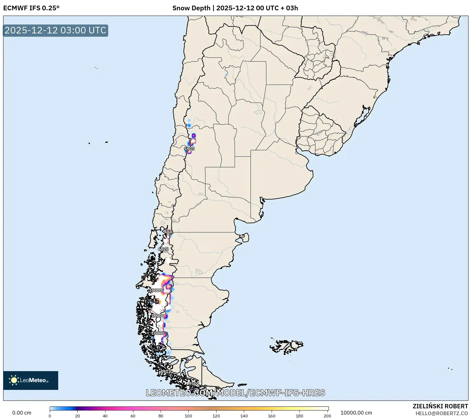 ECMWF IFS 0.25° model - Argentina, Ketebalan Salji