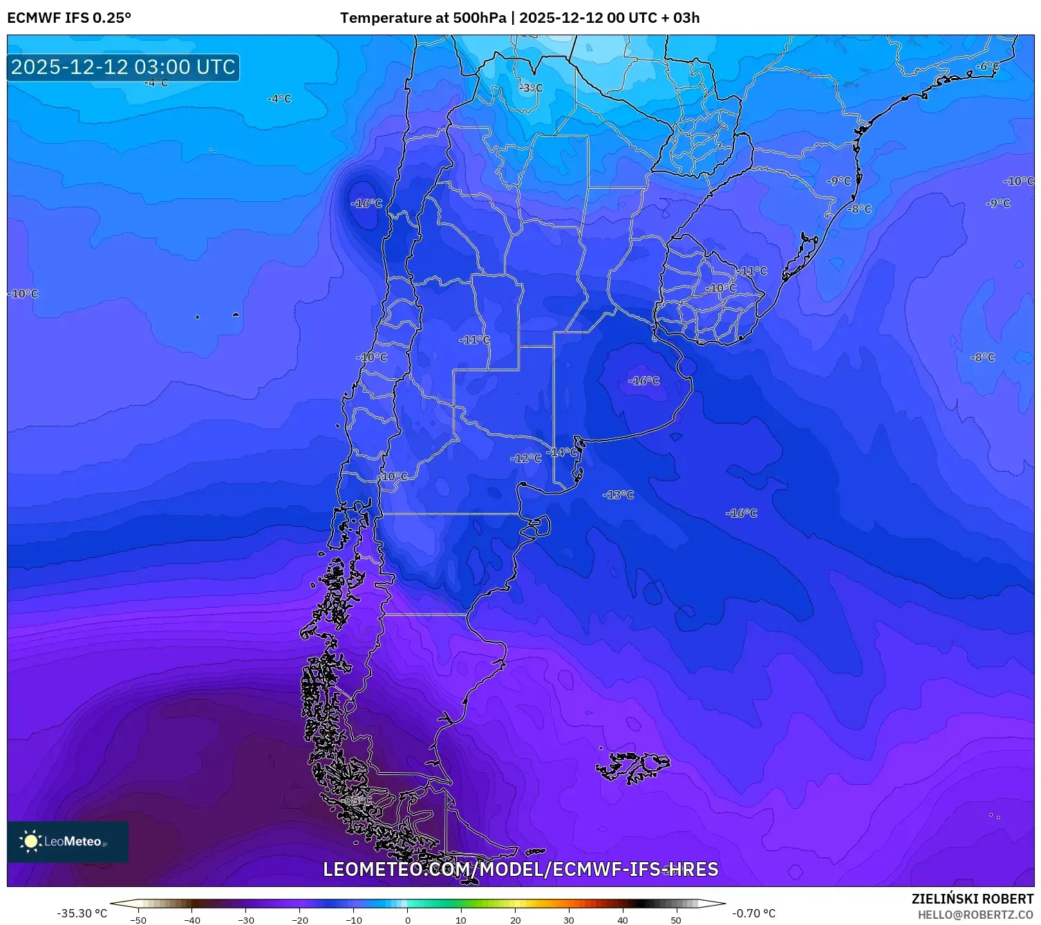 ECMWF IFS 0.25° model - Argentina, Suhu 500 hPa