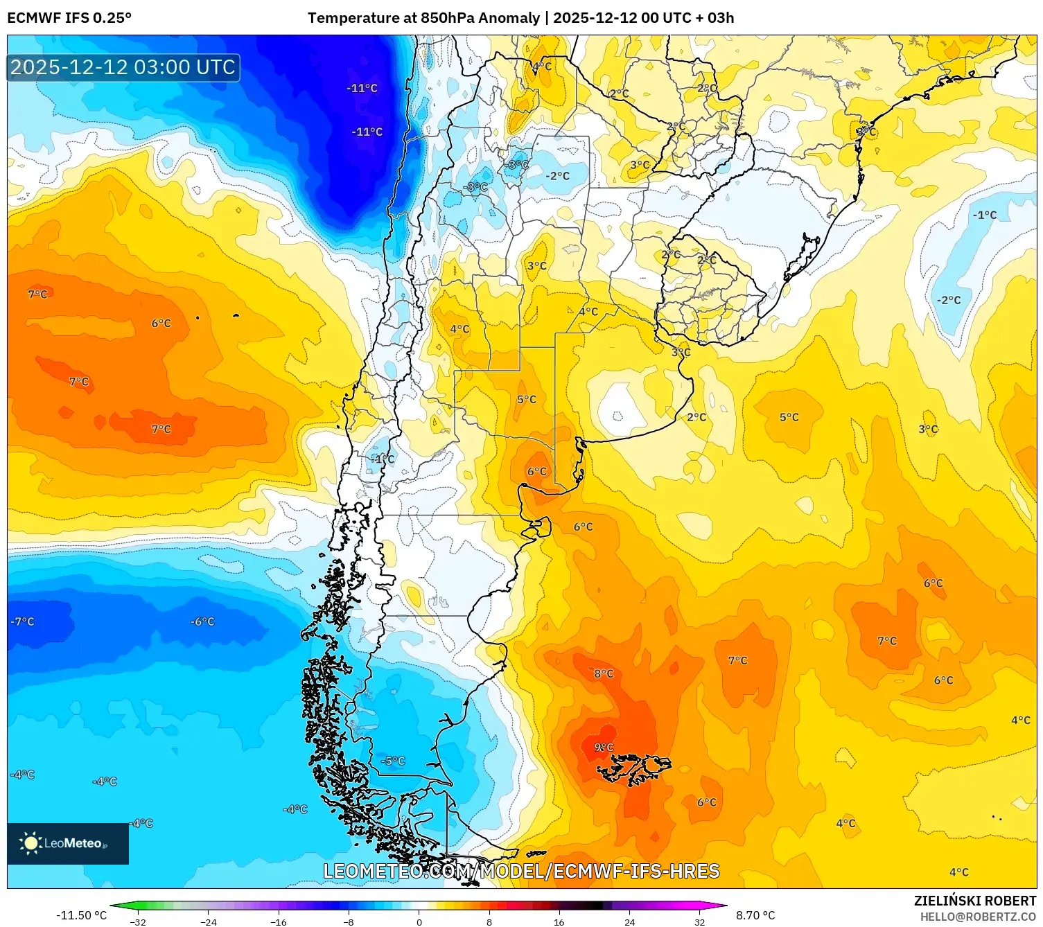 ECMWF IFS 0.25° model - Argentina, Anomali Suhu 850 hPa