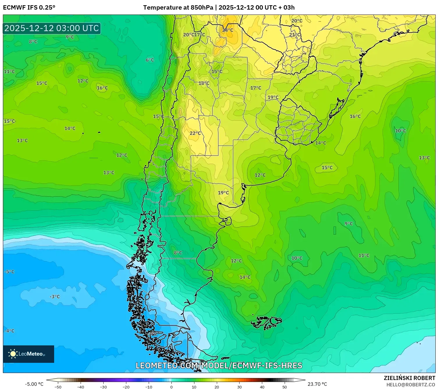 ECMWF IFS 0.25° model - Argentina, Suhu 850 hPa