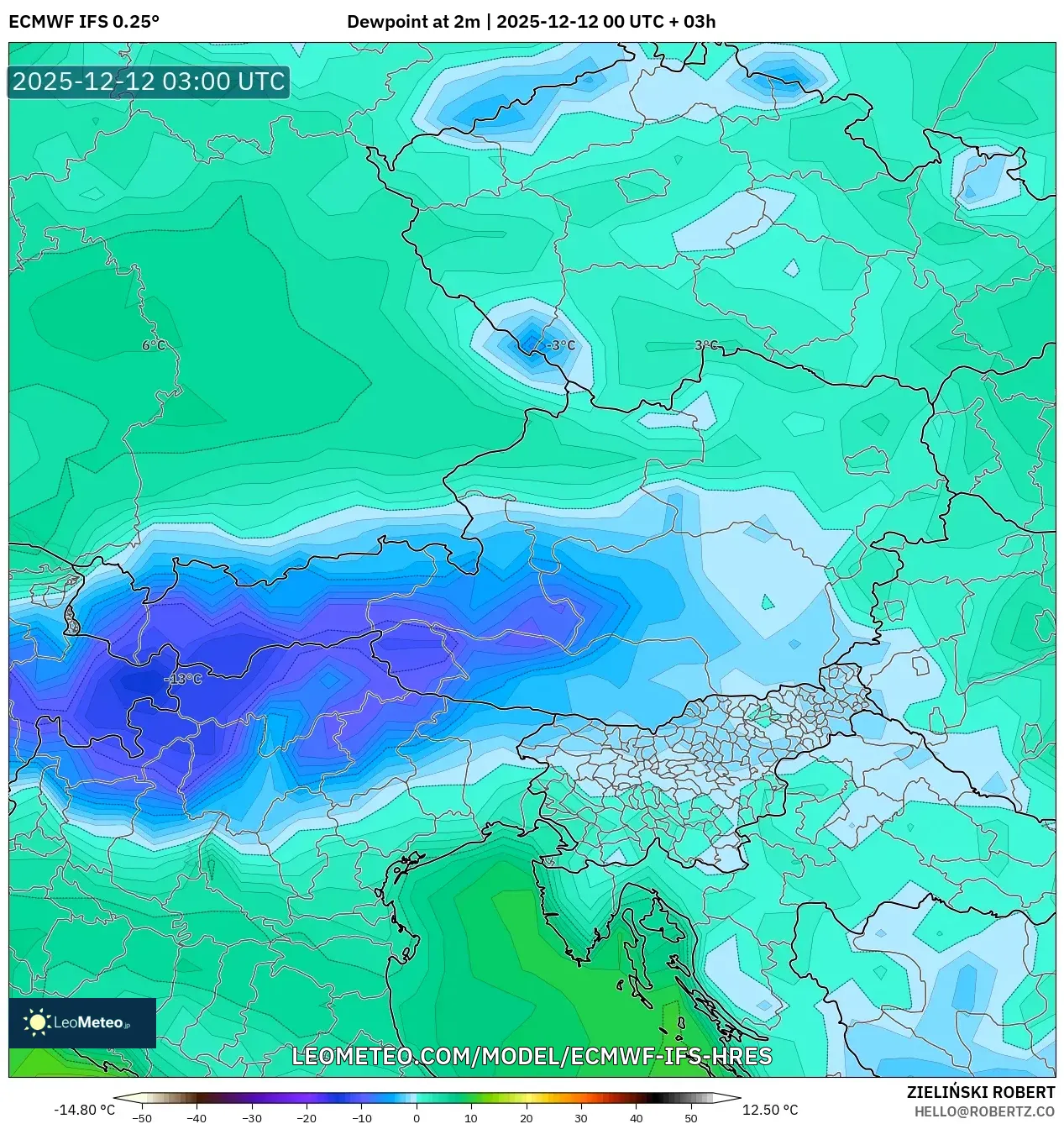 ECMWF IFS 0.25° model - Austria, Takat Embun 2 m