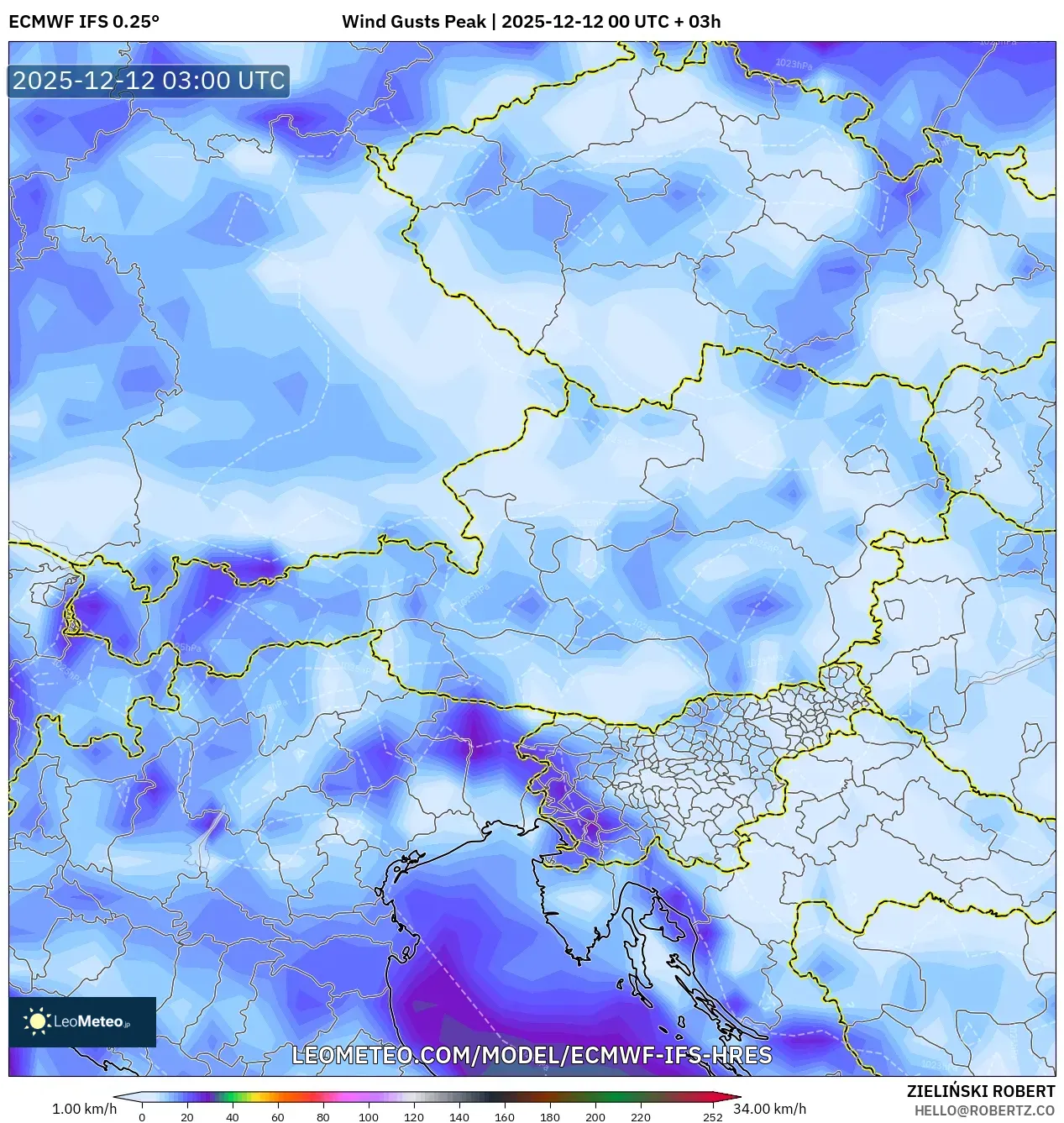 ECMWF IFS 0.25° model - Austria, Hembusan Tertinggi