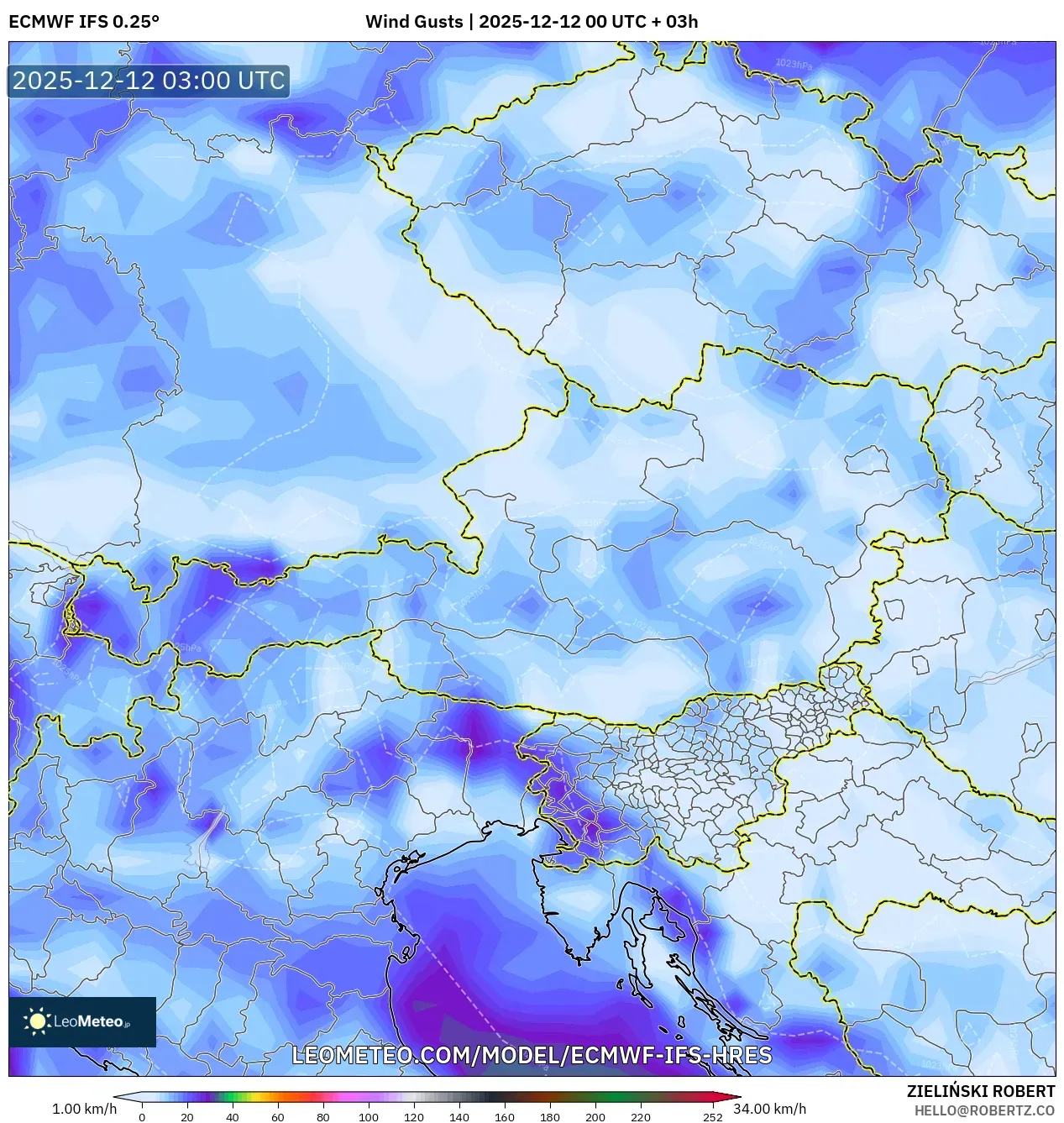 ECMWF IFS 0.25° model - Austria, Hembusan Angin