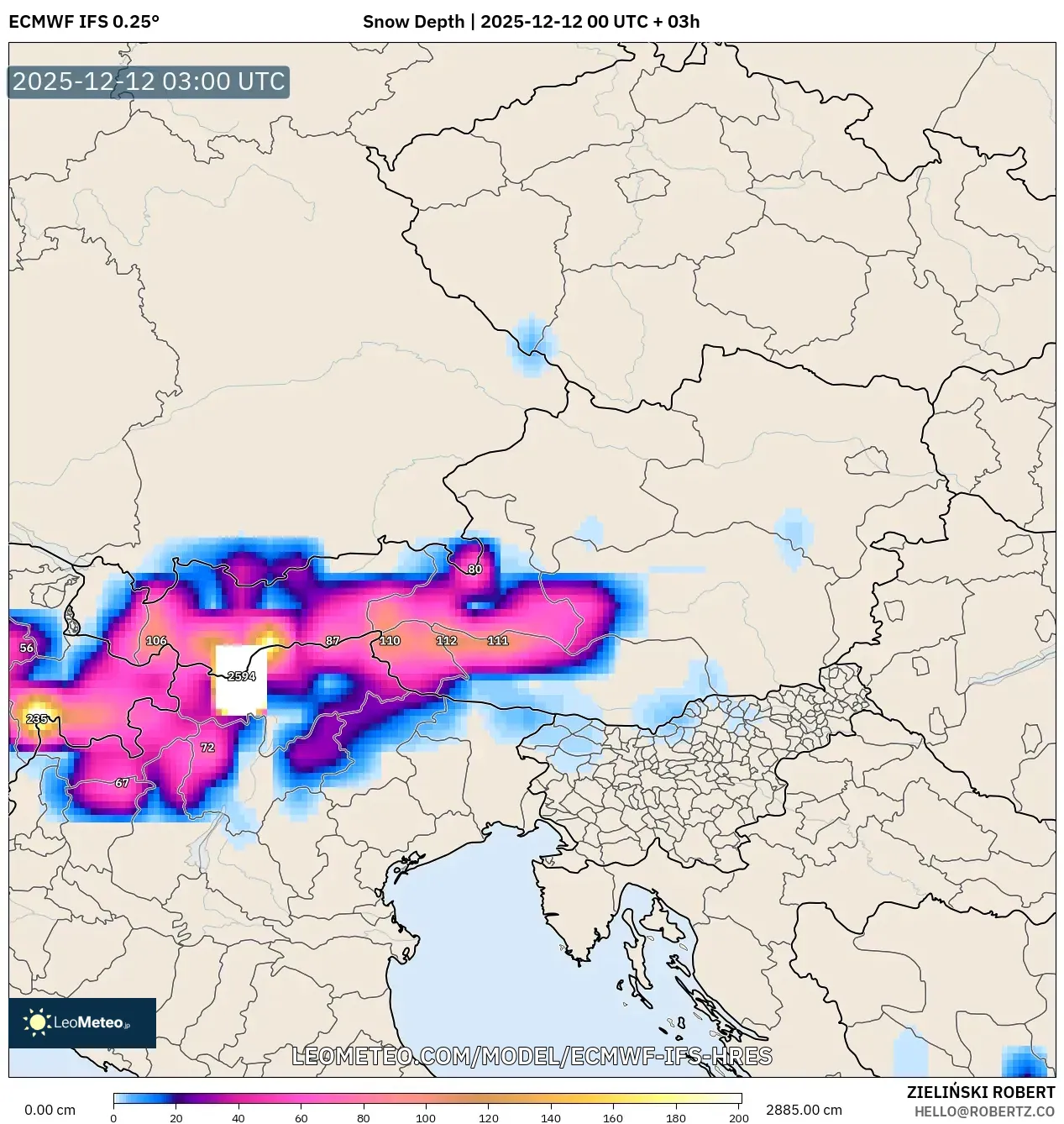 ECMWF IFS 0.25° model - Austria, Ketebalan Salji