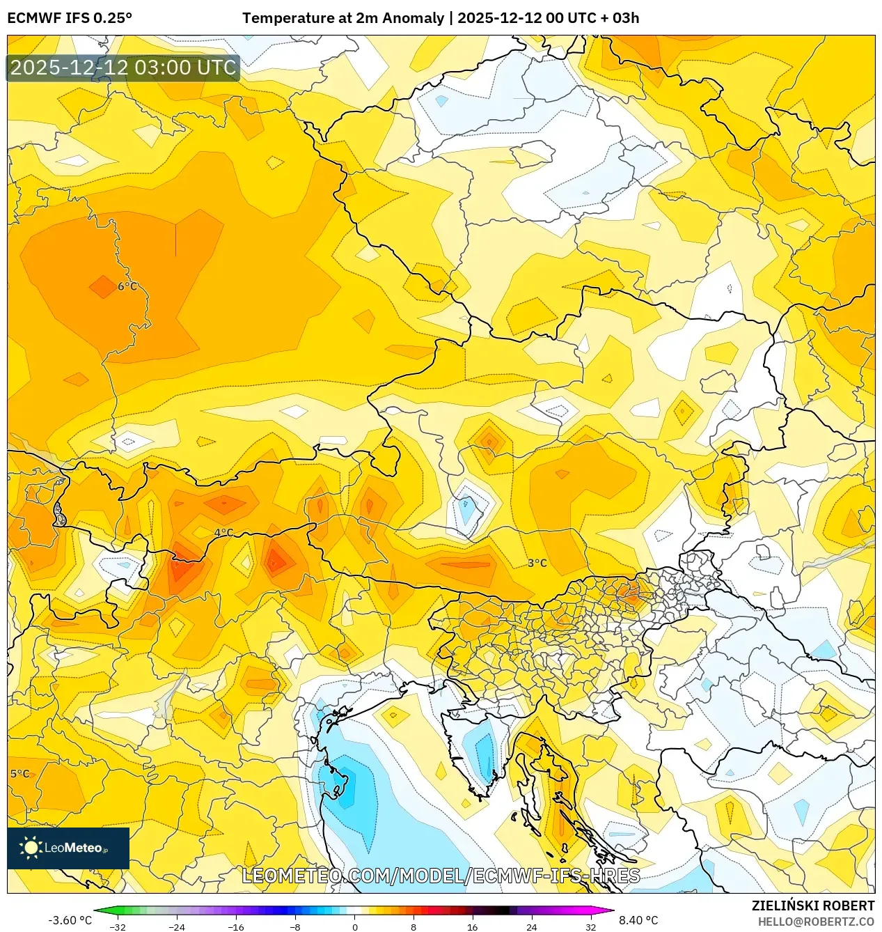 ECMWF IFS 0.25° model - Austria, Anomali Suhu 2 m