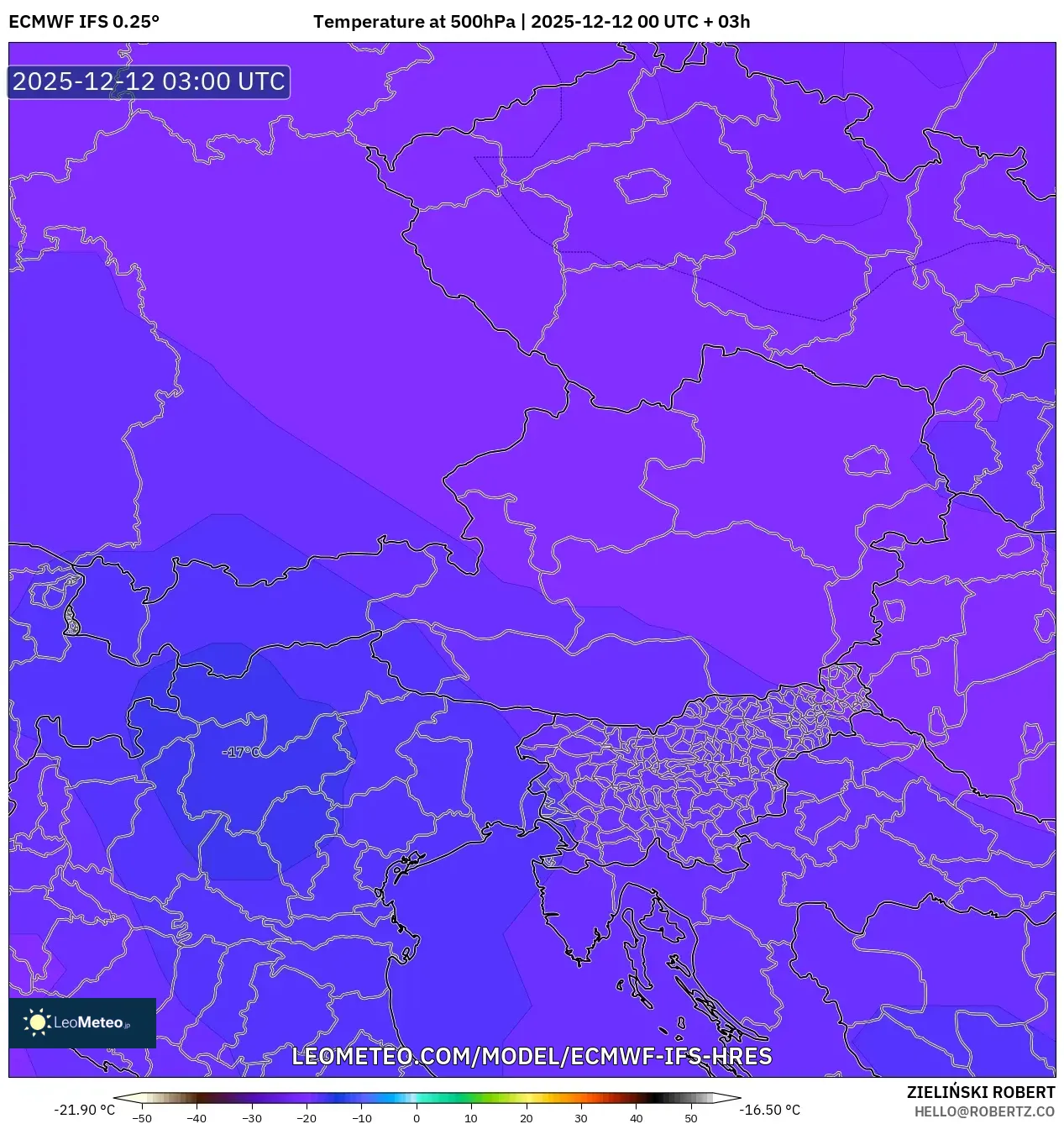 ECMWF IFS 0.25° model - Austria, Suhu 500 hPa