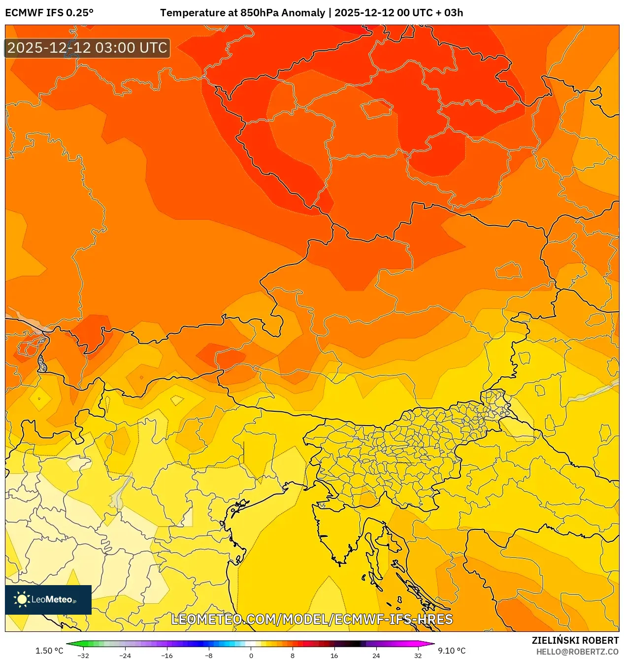 ECMWF IFS 0.25° model - Austria, Anomali Suhu 850 hPa