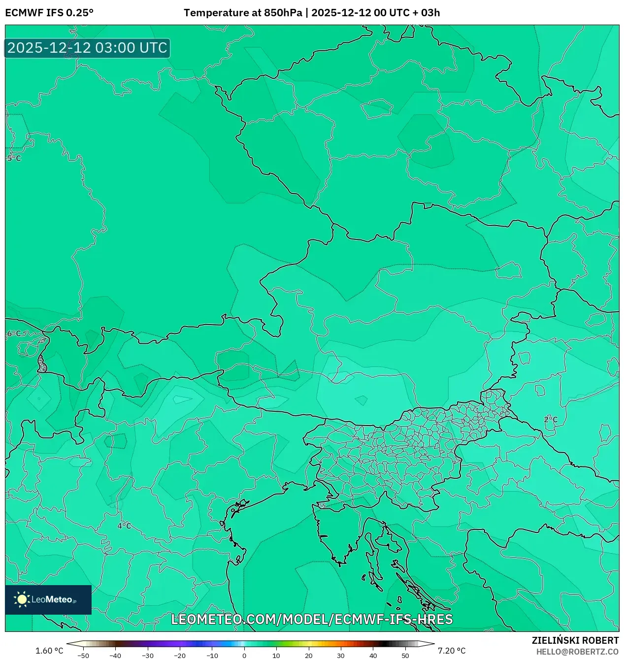 ECMWF IFS 0.25° model - Austria, Suhu 850 hPa