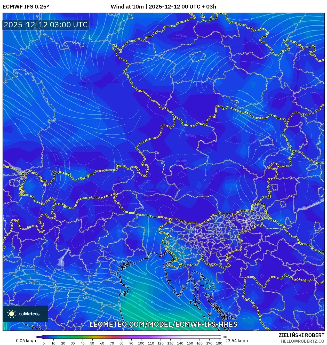 ECMWF IFS 0.25° model - Austria, Angin 10 m