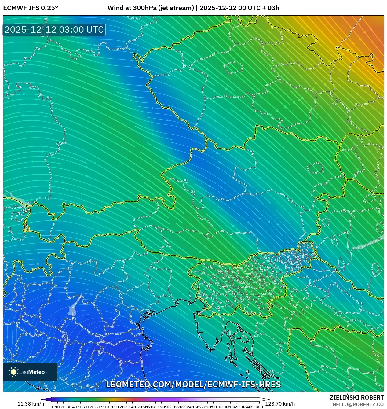 ECMWF IFS 0.25° model - Austria, Angin 300 hPa (aliran jet)