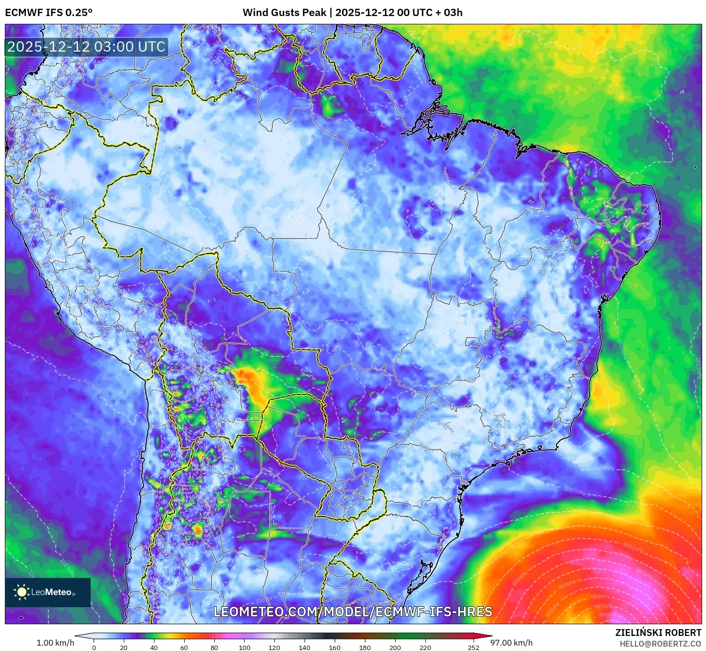 ECMWF IFS 0.25° model - Brazil, Hembusan Tertinggi