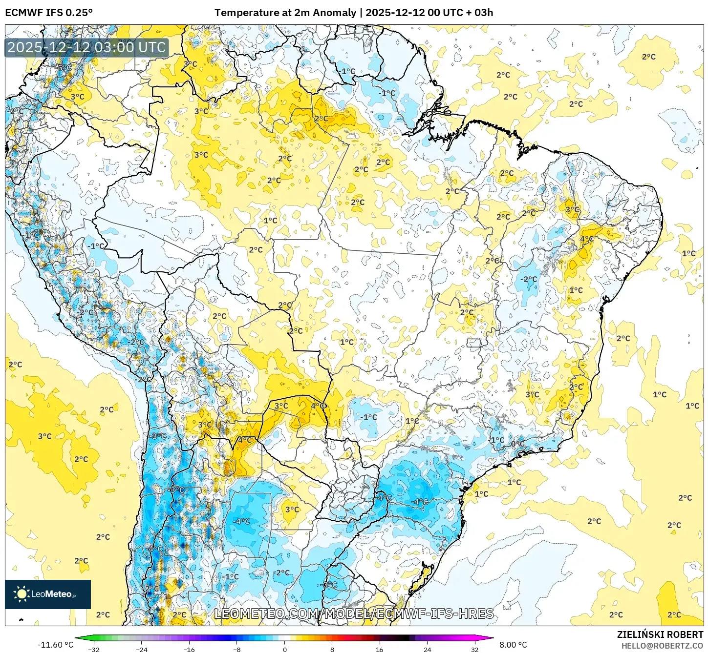 ECMWF IFS 0.25° model - Brazil, Anomali Suhu 2 m