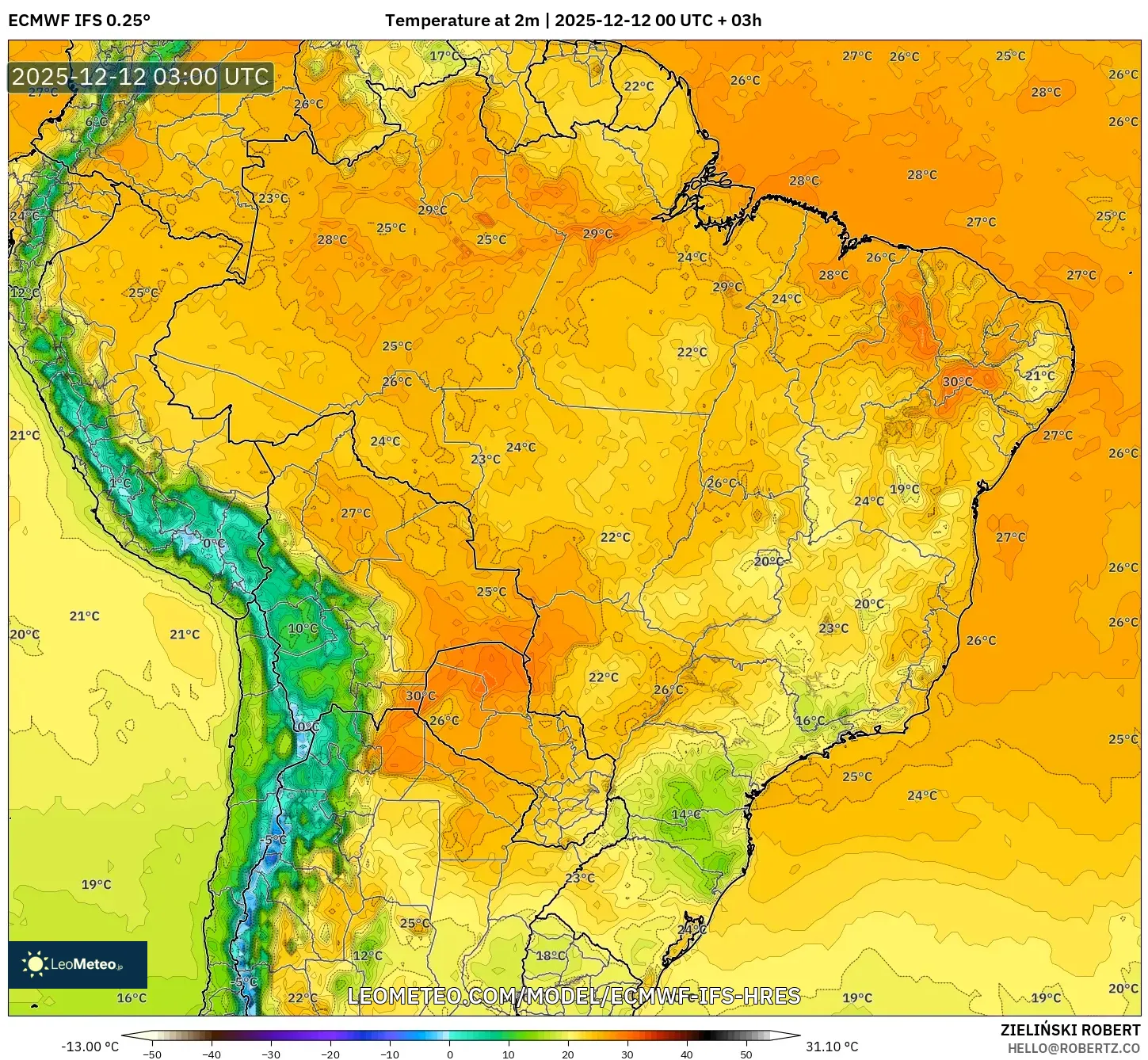 ECMWF IFS 0.25° model - Brazil, Suhu pada 2 m