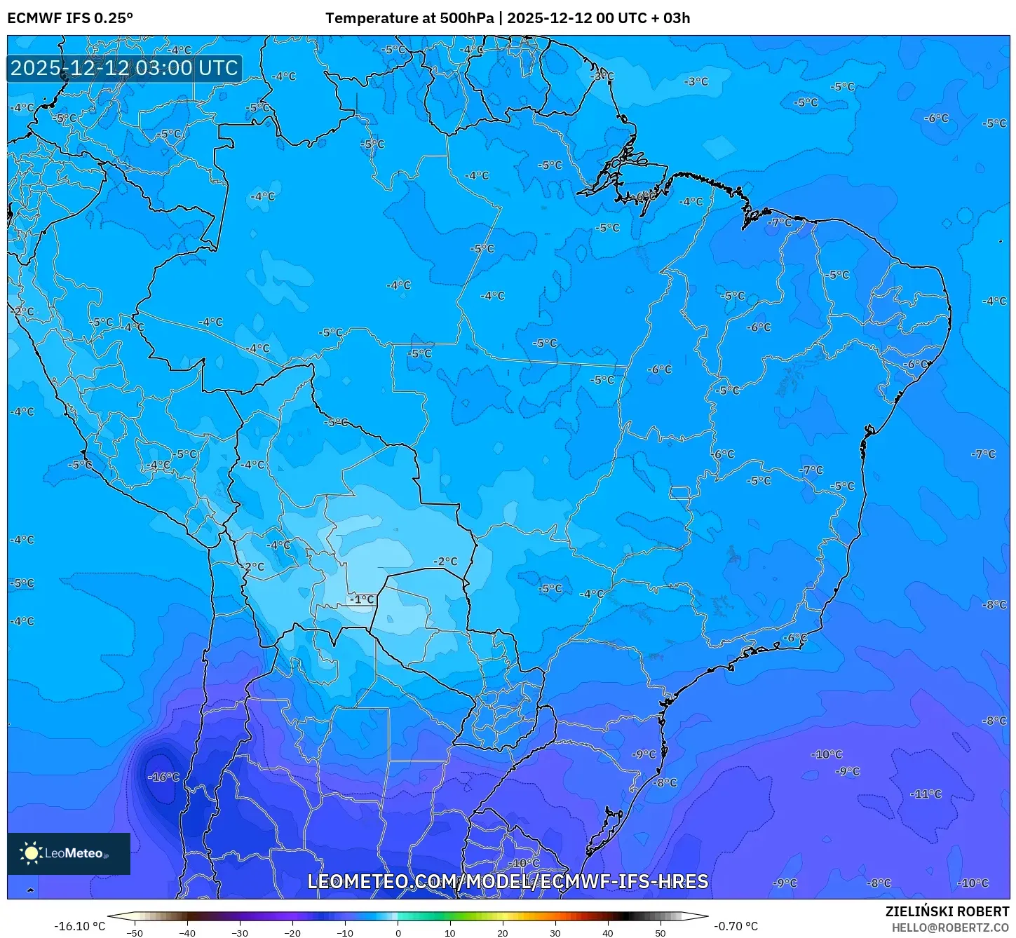 ECMWF IFS 0.25° model - Brazil, Suhu 500 hPa