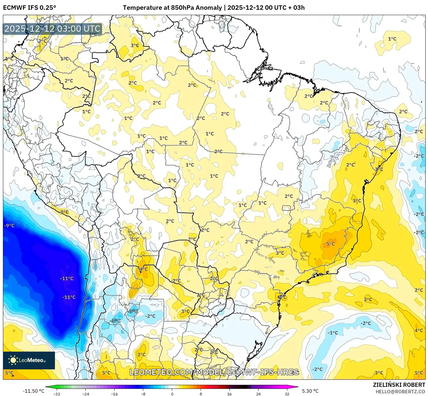 ECMWF IFS 0.25° model - Brazil, Anomali Suhu 850 hPa